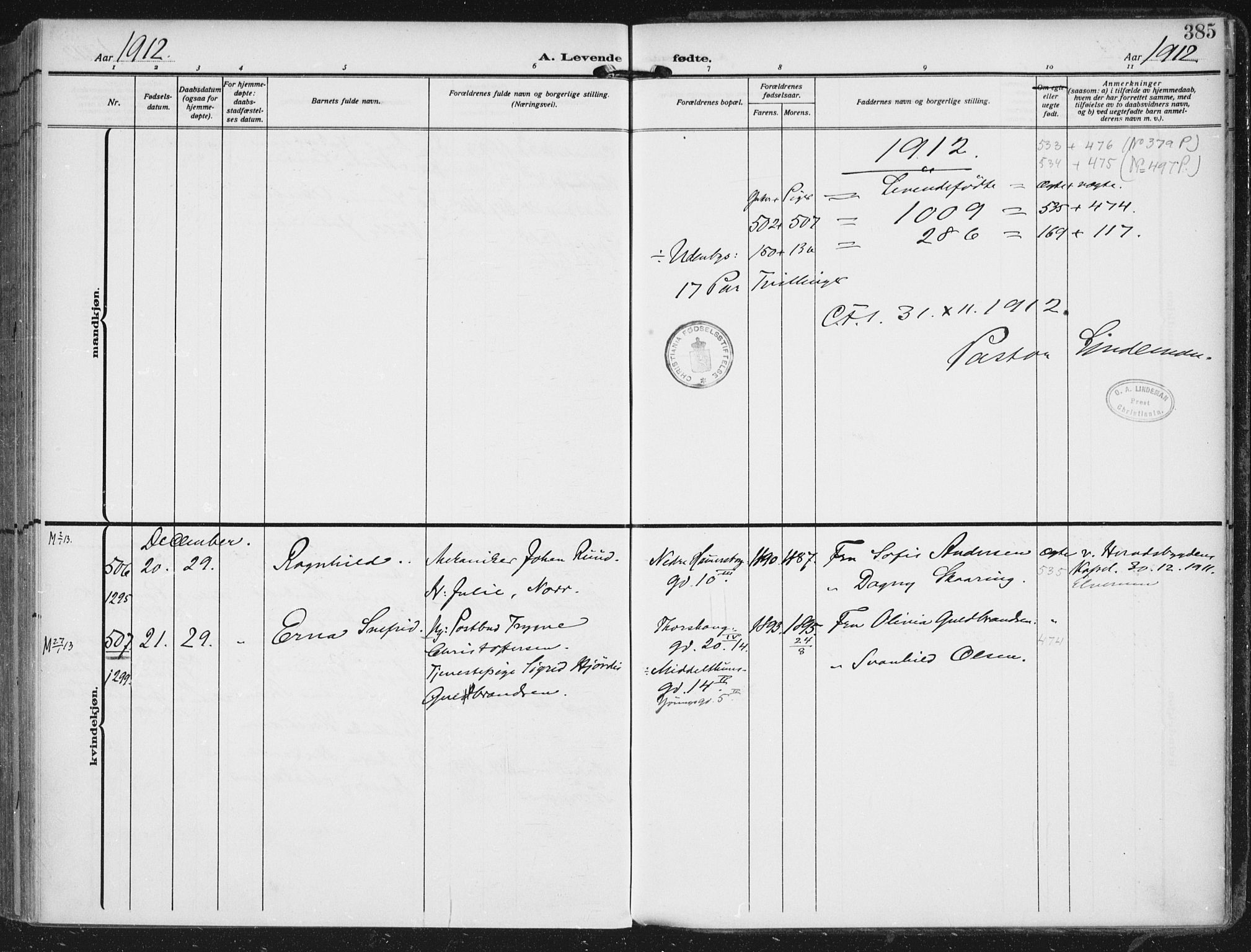 Rikshospitalet prestekontor Kirkebøker, AV/SAO-A-10309b/F/L0014: Ministerialbok nr. 14, 1909-1912, s. 385