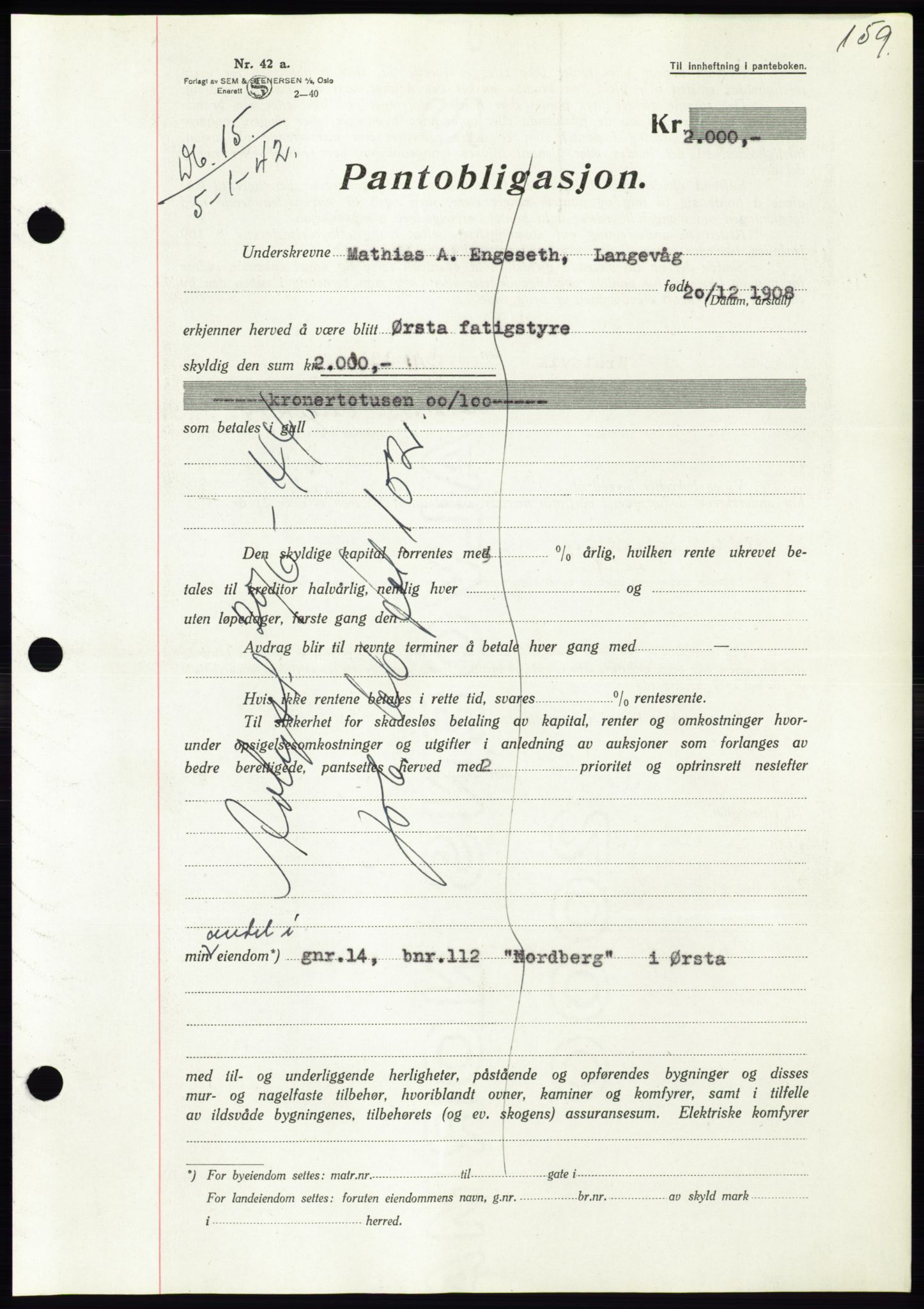 Søre Sunnmøre sorenskriveri, SAT/A-4122/1/2/2C/L0073: Pantebok nr. 67, 1941-1942, Dagboknr: 15/1942