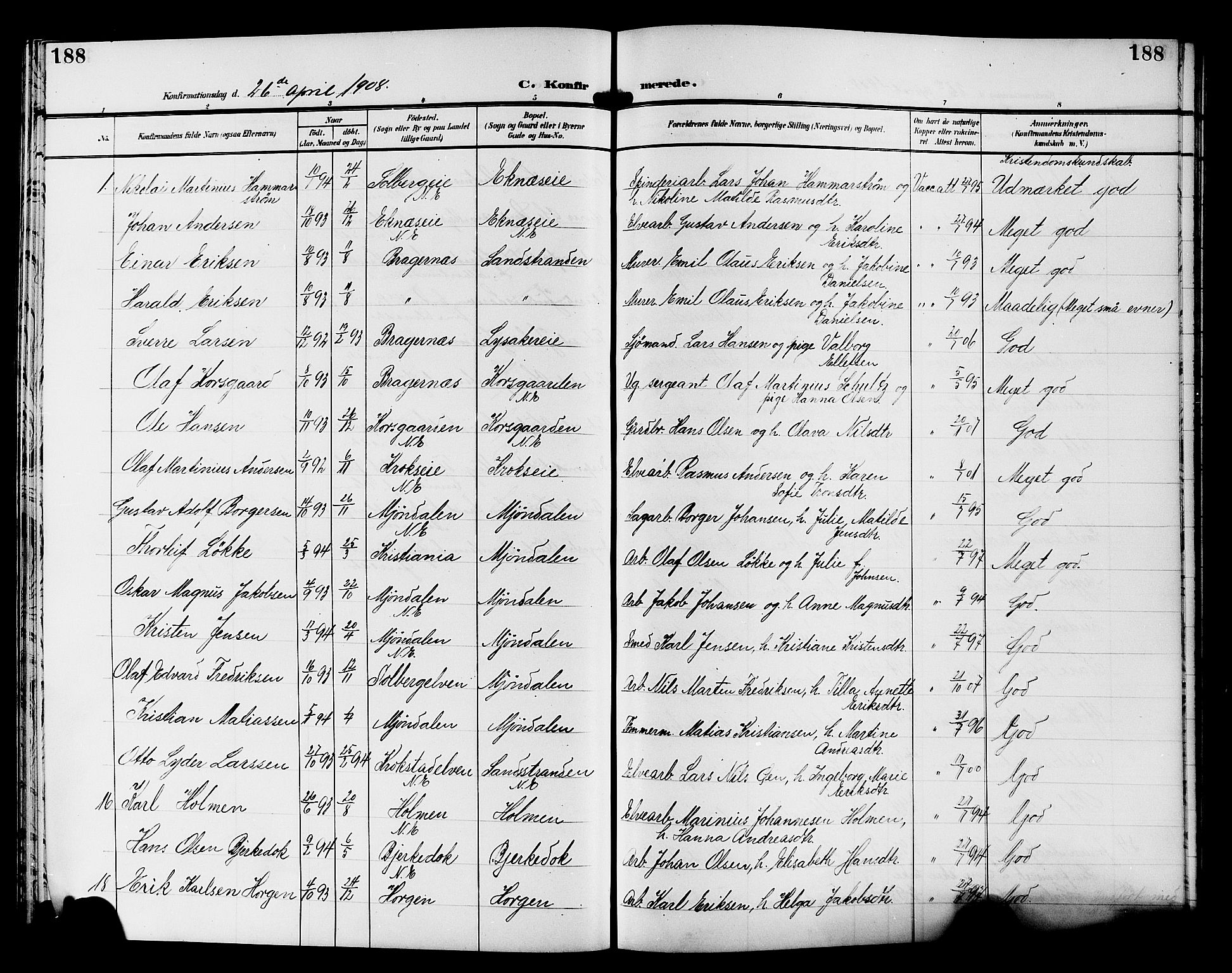 Nedre Eiker kirkebøker, AV/SAKO-A-612/G/Ga/L0004: Klokkerbok nr. 4, 1905-1912, s. 188