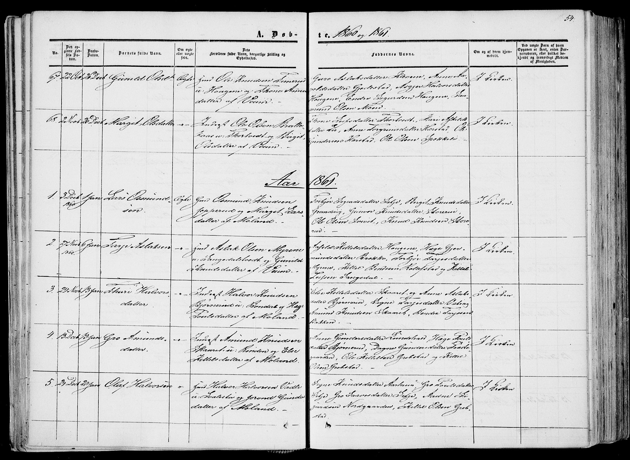 Fyresdal kirkebøker, AV/SAKO-A-263/F/Fa/L0005: Ministerialbok nr. I 5, 1855-1871, s. 54
