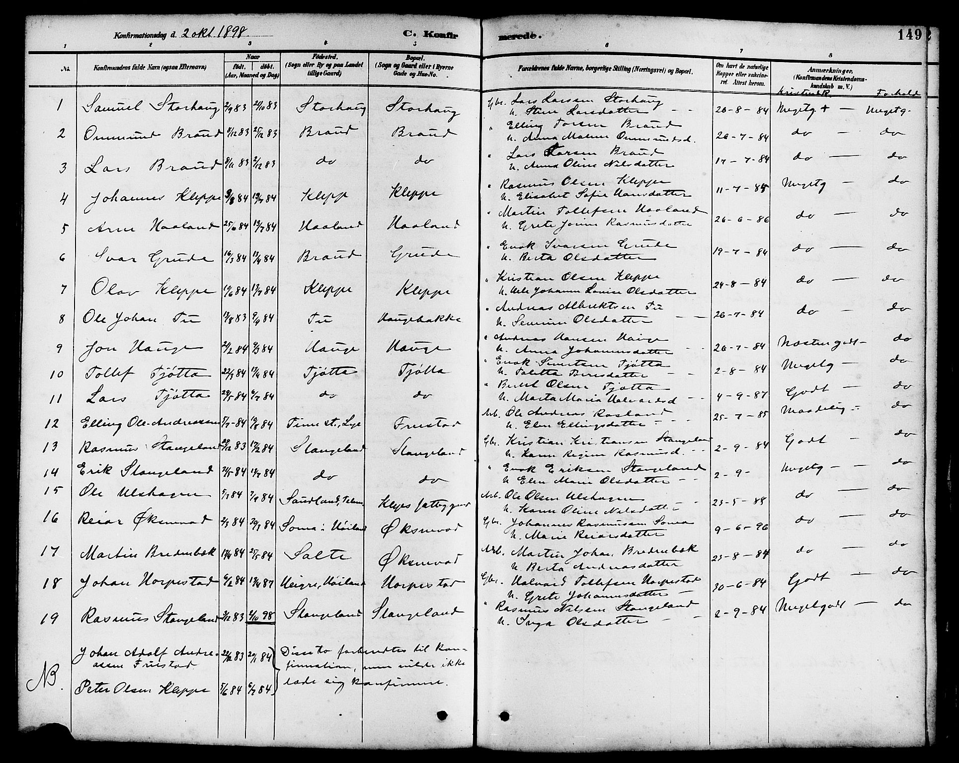 Klepp sokneprestkontor, AV/SAST-A-101803/001/3/30BB/L0004: Klokkerbok nr. B 4, 1889-1914, s. 149