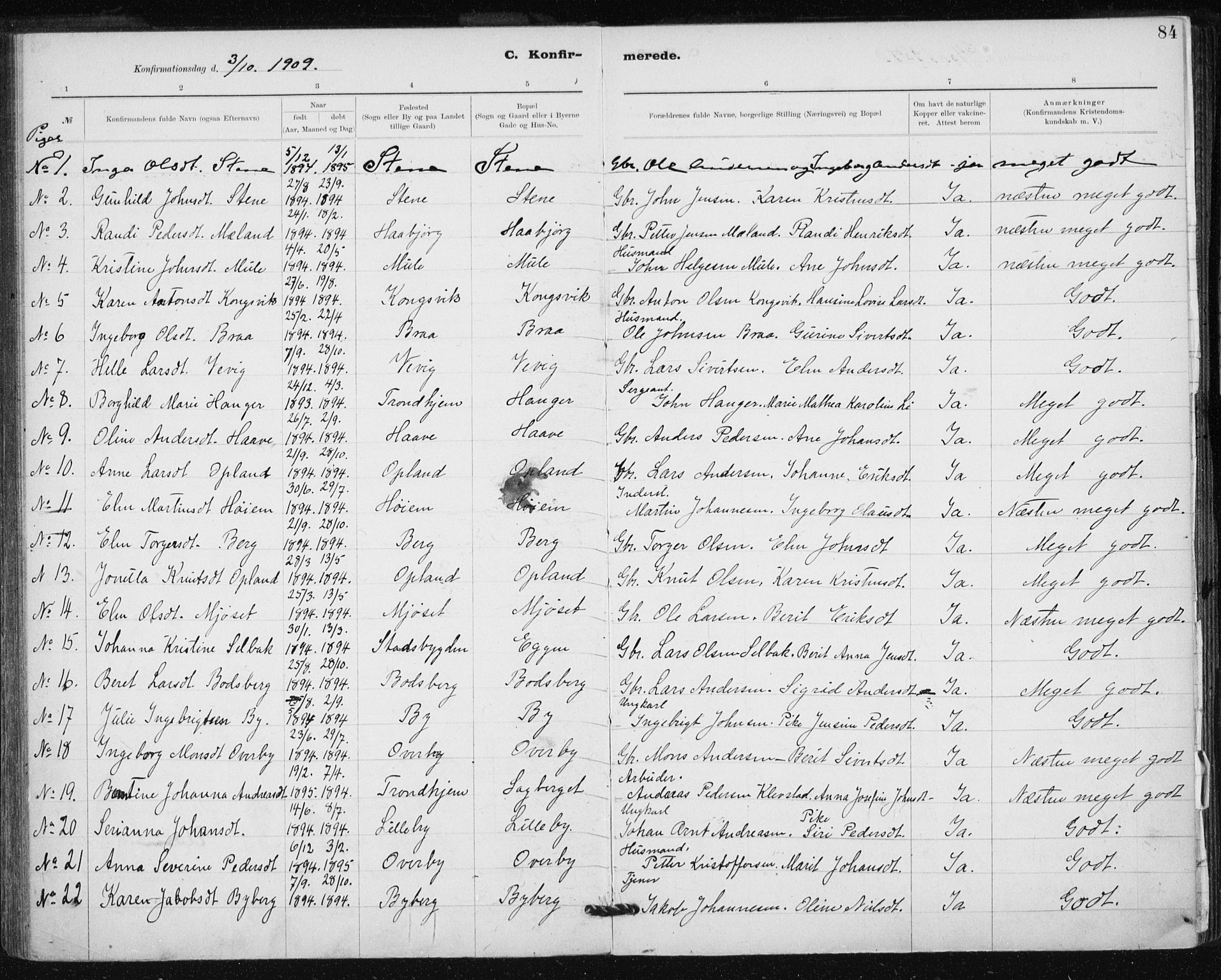 Ministerialprotokoller, klokkerbøker og fødselsregistre - Sør-Trøndelag, AV/SAT-A-1456/612/L0381: Ministerialbok nr. 612A13, 1907-1923, s. 84