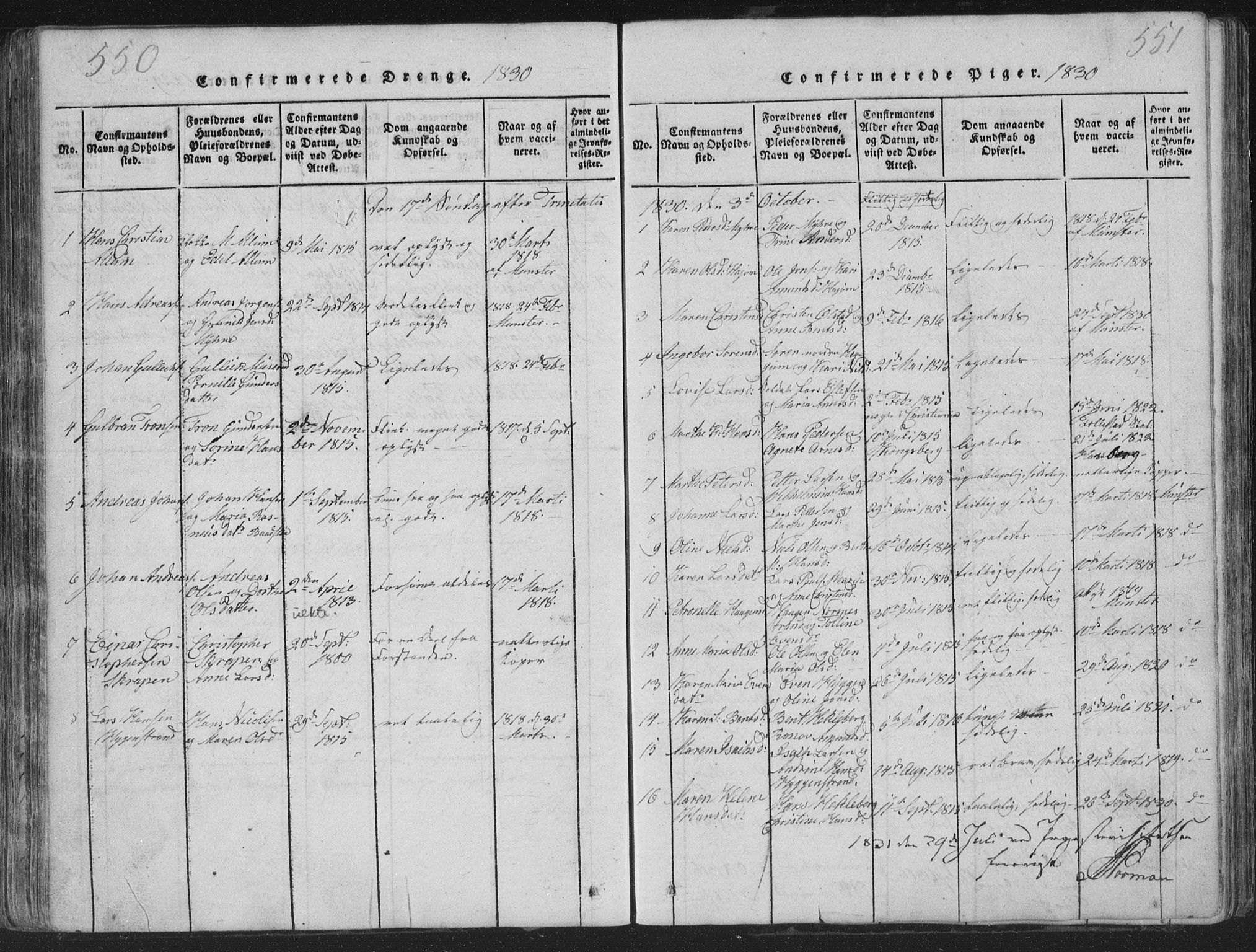 Røyken kirkebøker, AV/SAKO-A-241/G/Ga/L0003: Klokkerbok nr. 3, 1814-1856, s. 550-551