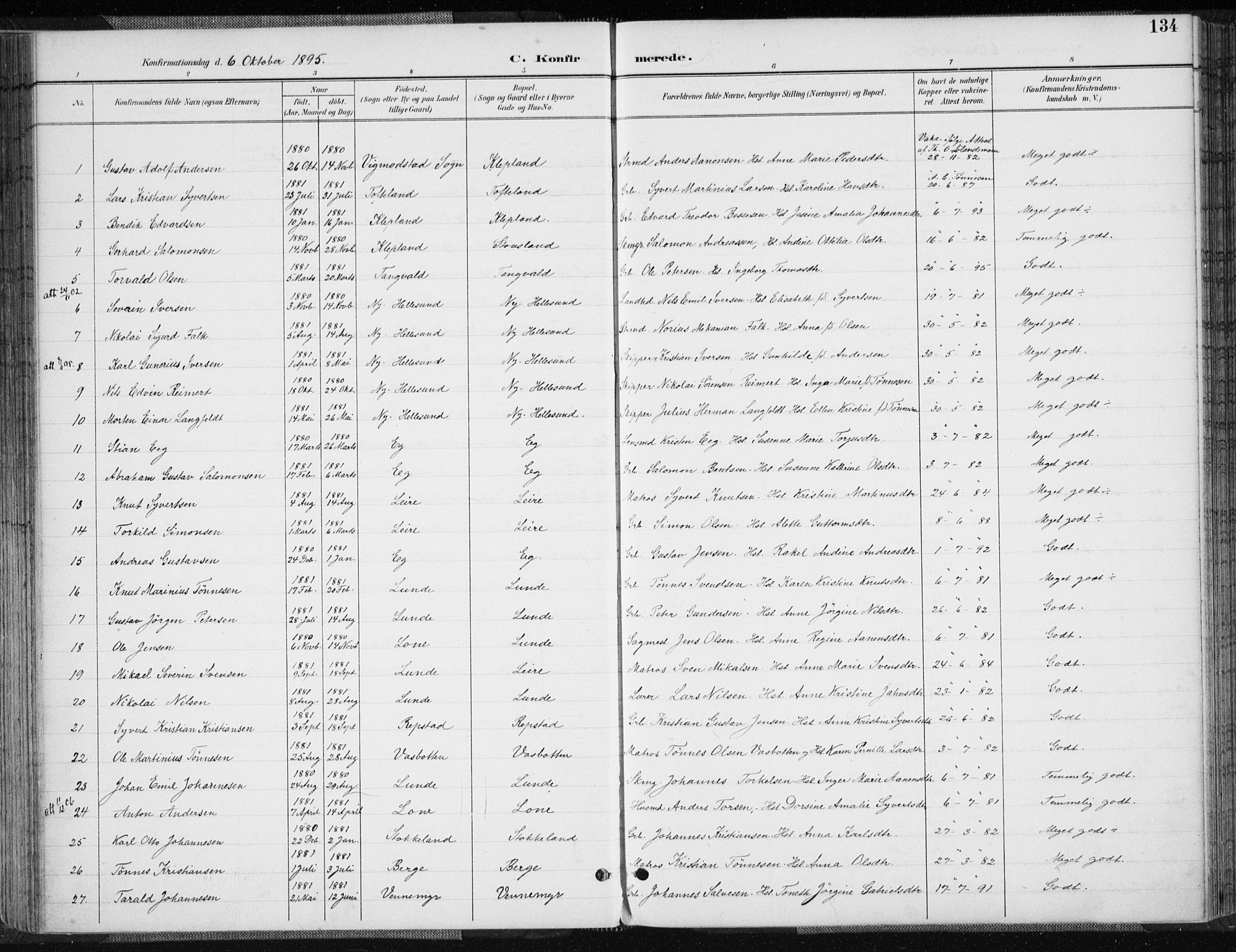 Søgne sokneprestkontor, AV/SAK-1111-0037/F/Fa/Fab/L0013: Ministerialbok nr. A 13, 1892-1911, s. 134