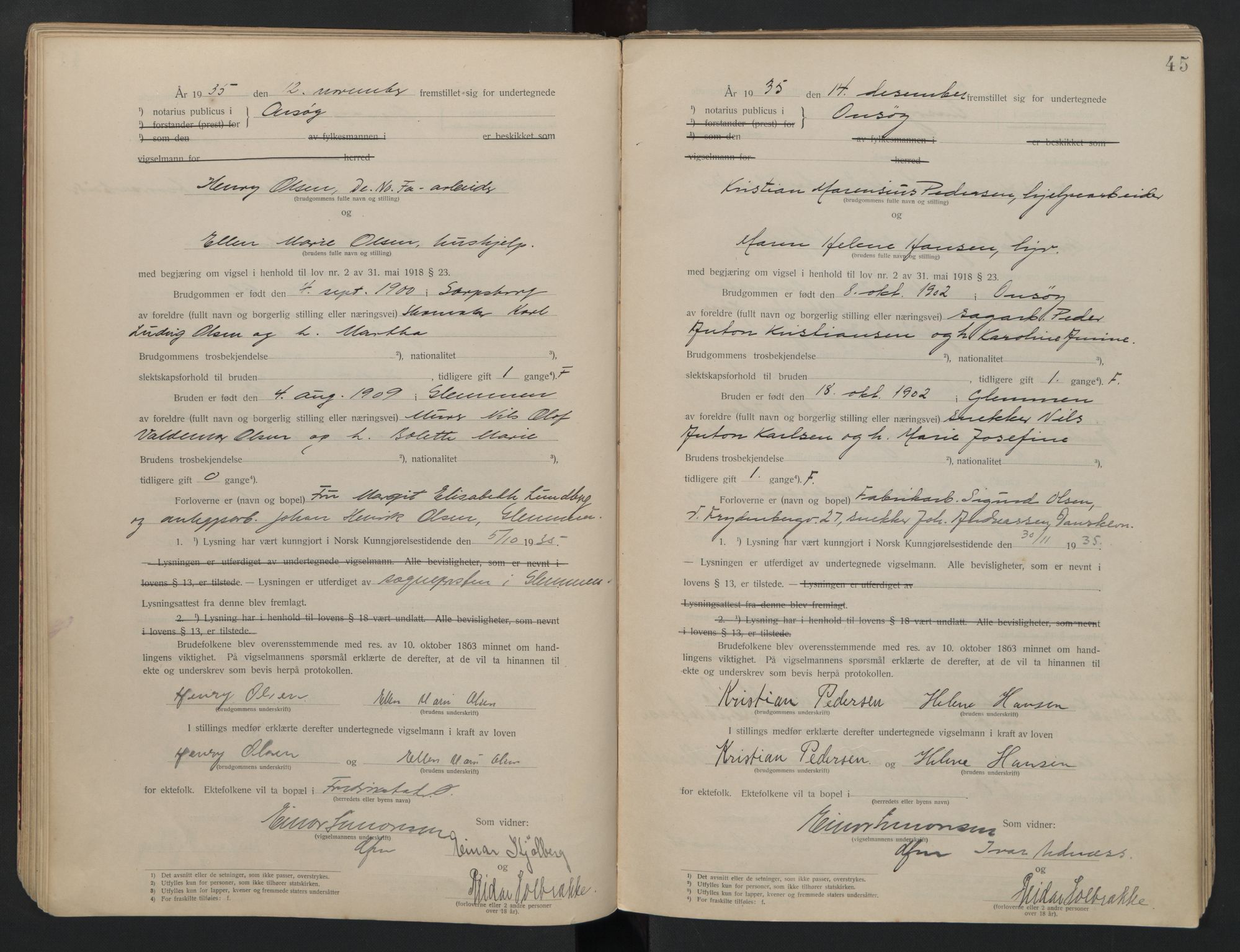 Onsøy sorenskriveri, AV/SAO-A-10474/L/La/L0001: Vigselsbok, 1920-1942, s. 45