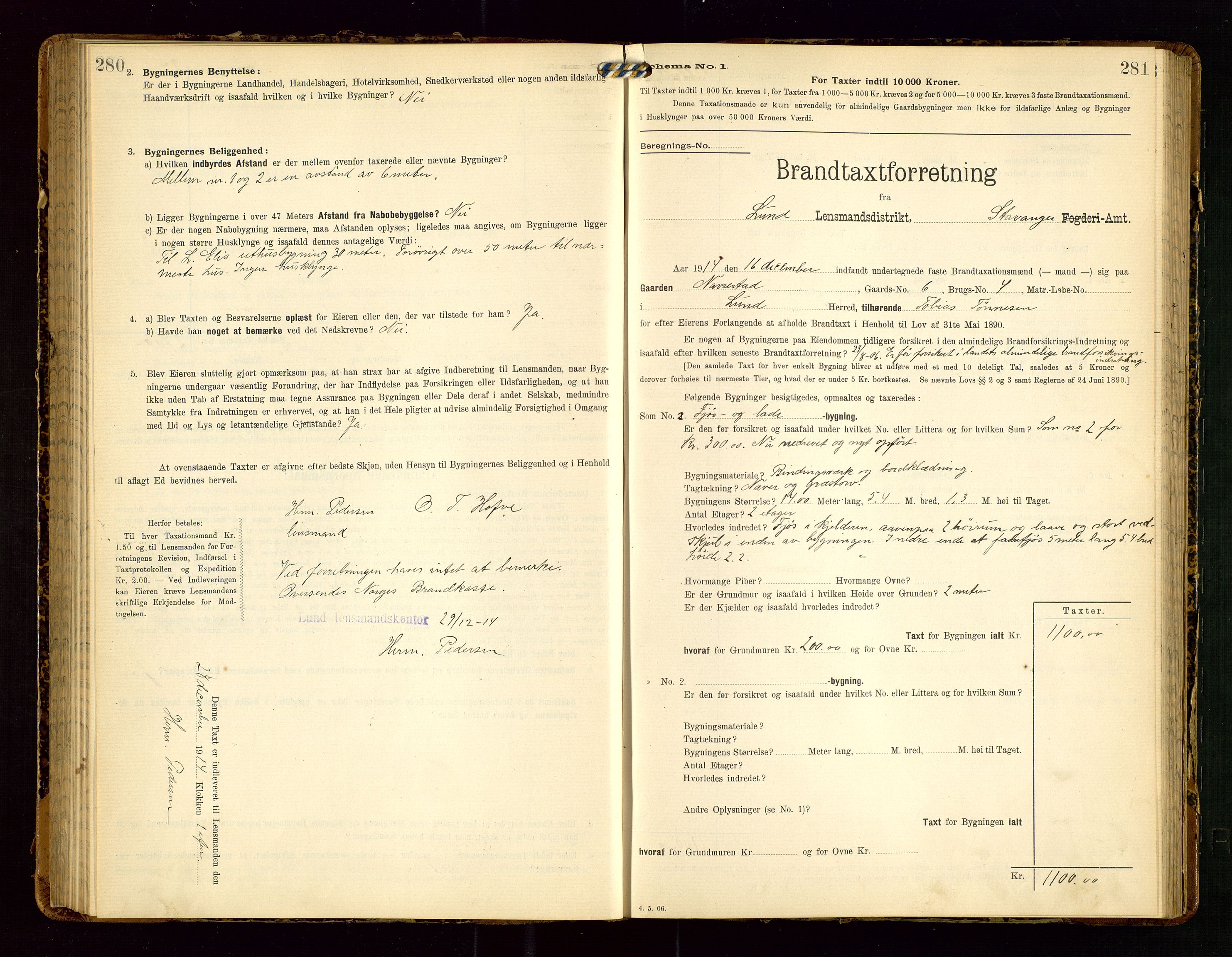 Lund lensmannskontor, AV/SAST-A-100303/Gob/L0002: "Brandtakstprotokol", 1908-1918, s. 280-281