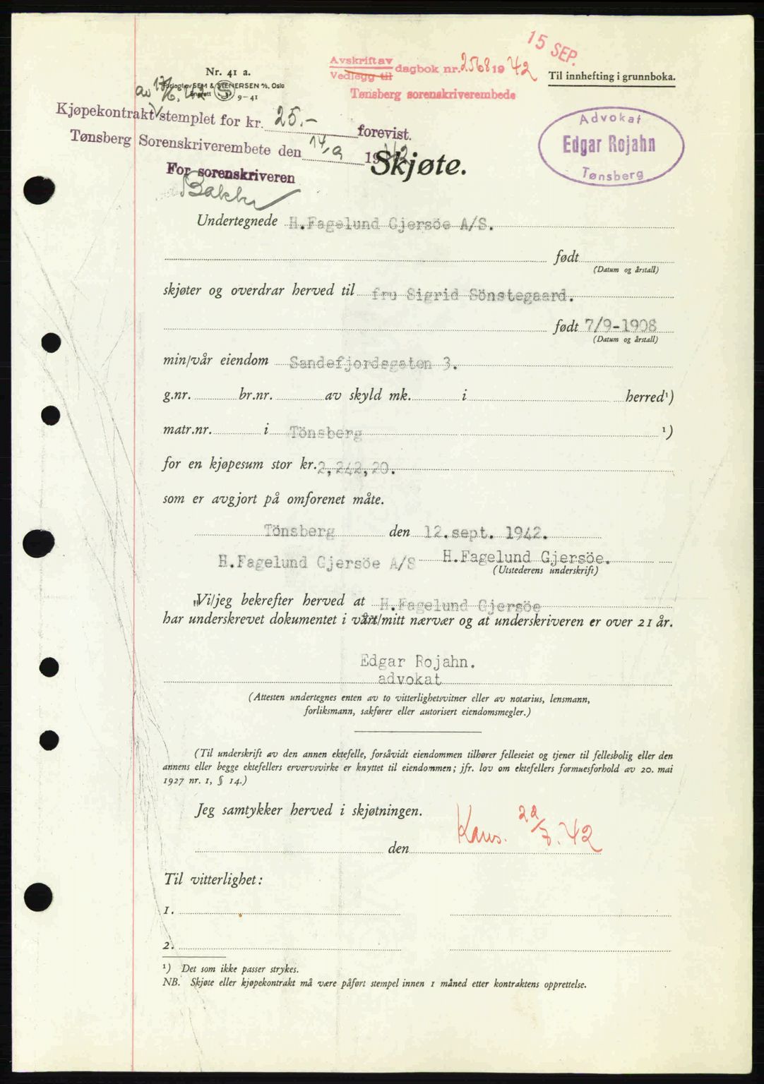 Tønsberg sorenskriveri, AV/SAKO-A-130/G/Ga/Gaa/L0012: Pantebok nr. A12, 1942-1943, Dagboknr: 2568/1942