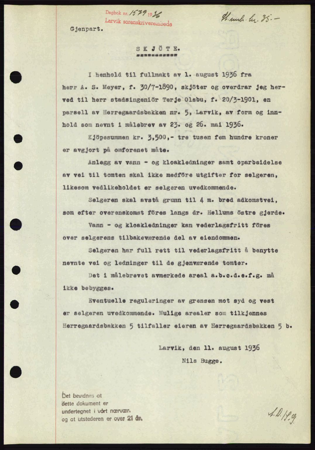 Larvik sorenskriveri, SAKO/A-83/G/Ga/Gab/L0067: Pantebok nr. A-1, 1936-1937, Dagboknr: 1579/1936