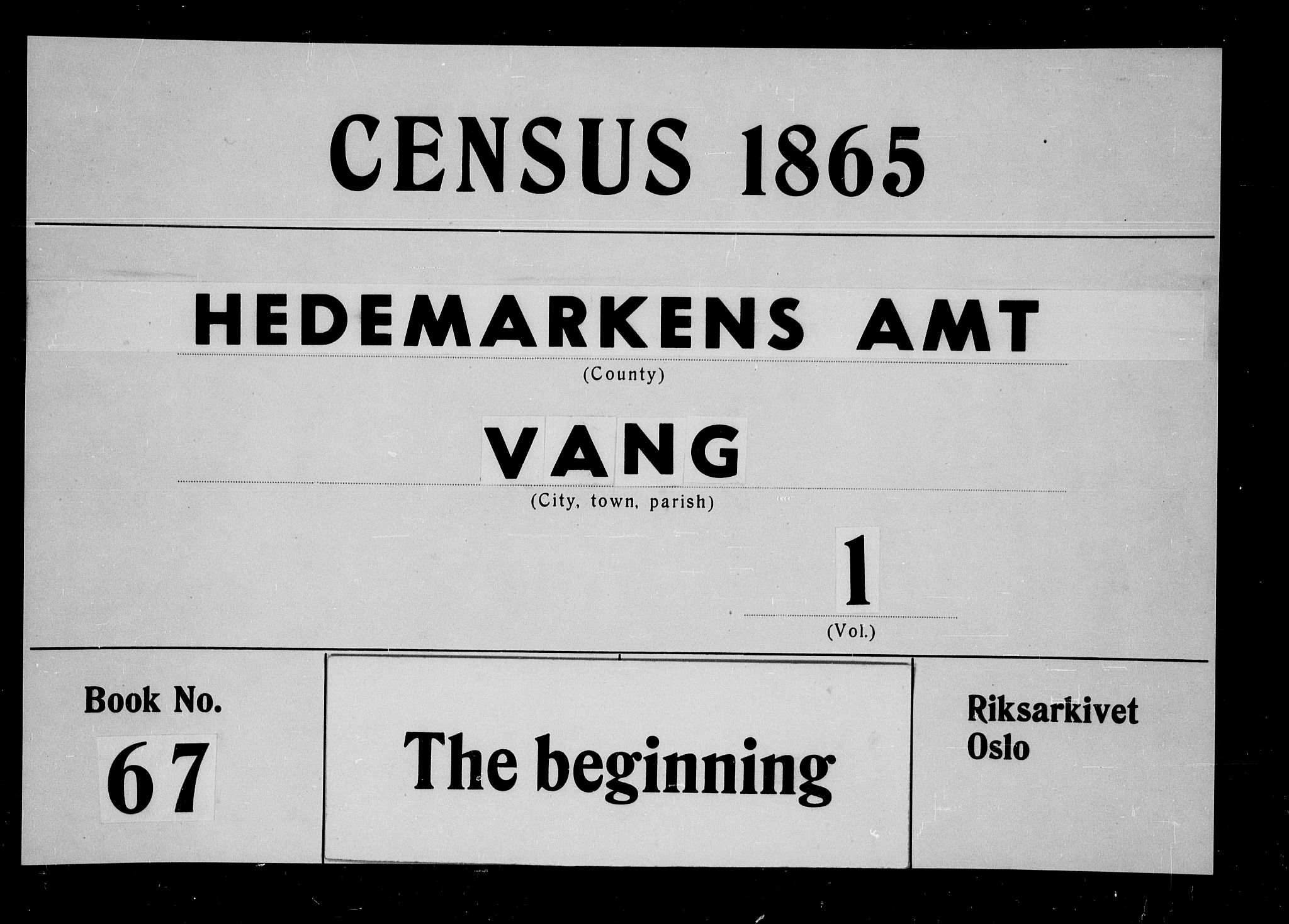 RA, Folketelling 1865 for 0414L Vang prestegjeld, Vang sokn og Furnes sokn, 1865, s. 1