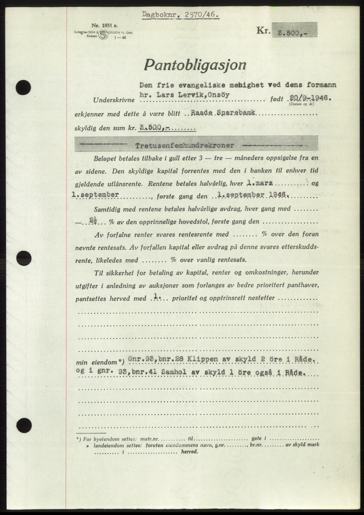 Moss sorenskriveri, SAO/A-10168: Pantebok nr. B16, 1946-1947, Dagboknr: 2570/1946
