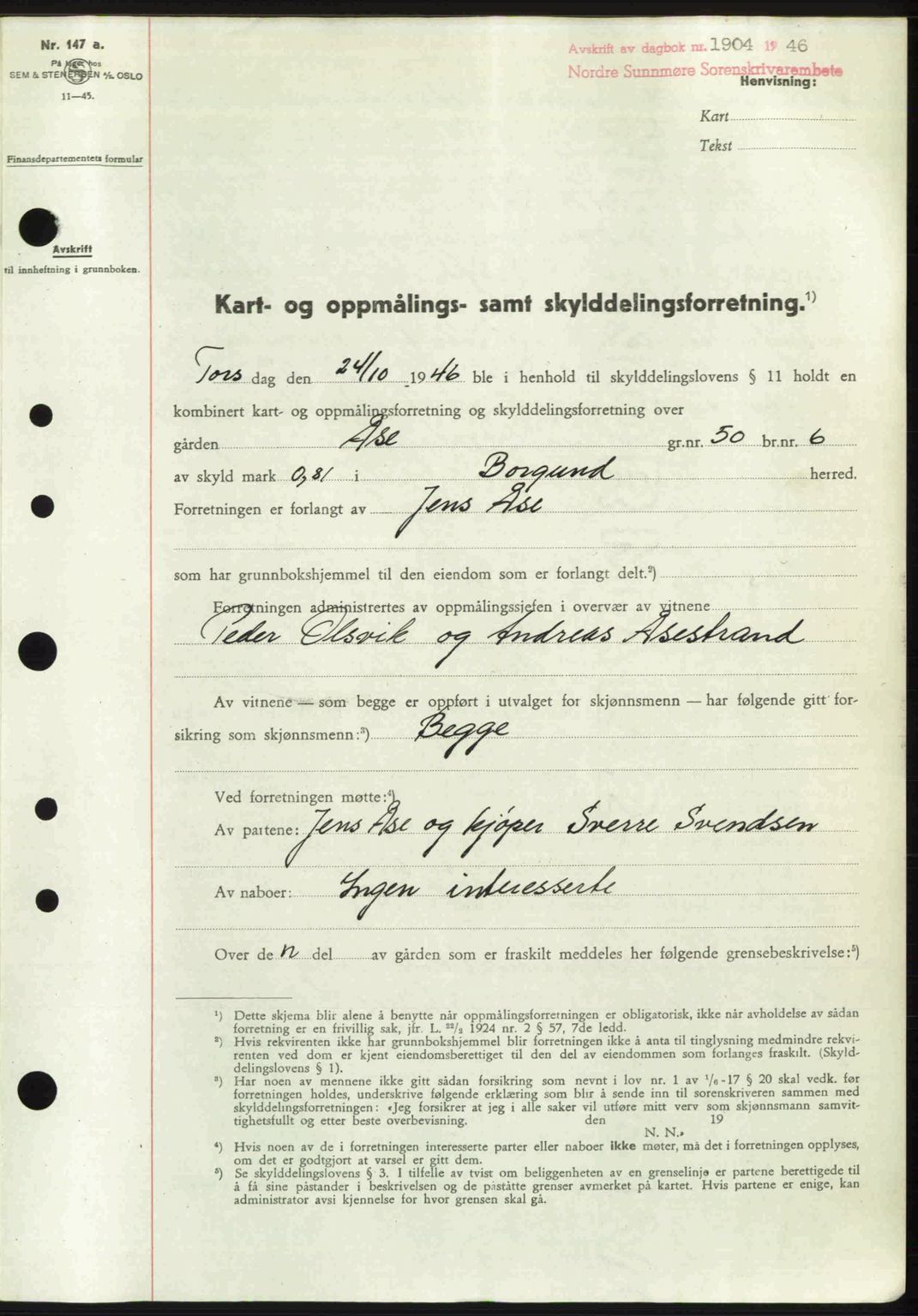 Nordre Sunnmøre sorenskriveri, SAT/A-0006/1/2/2C/2Ca: Pantebok nr. A22, 1946-1946, Dagboknr: 1904/1946