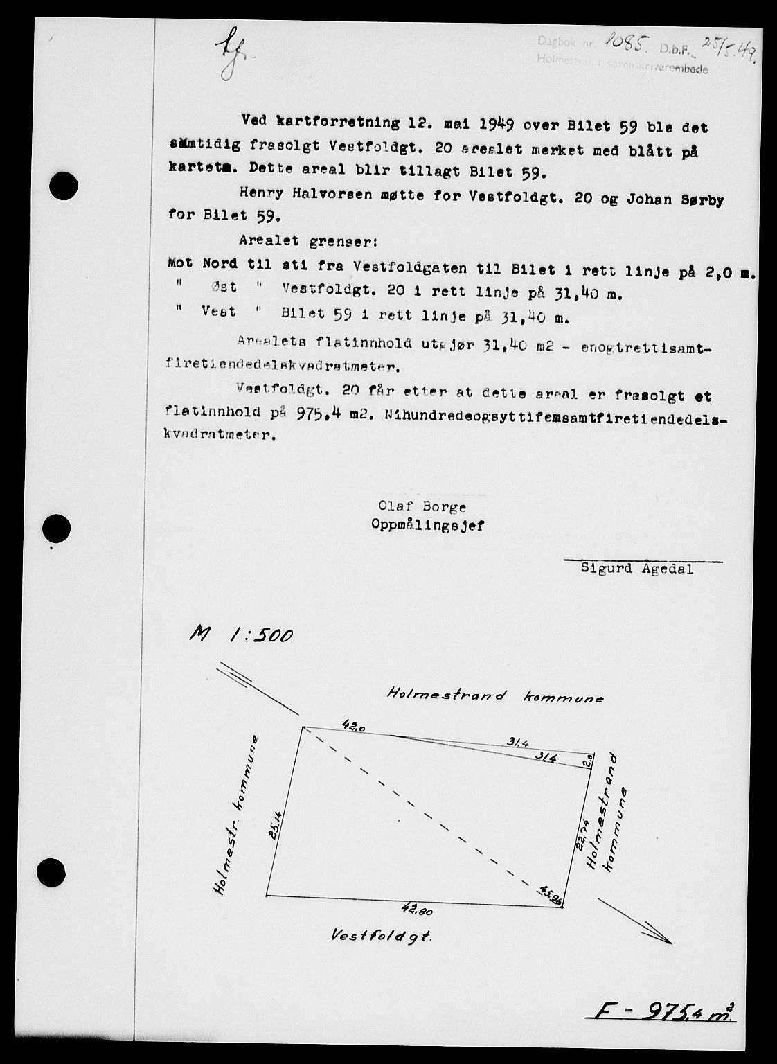 Holmestrand sorenskriveri, SAKO/A-67/G/Ga/Gaa/L0066: Pantebok nr. A-66, 1949-1949, Dagboknr: 1085/1949