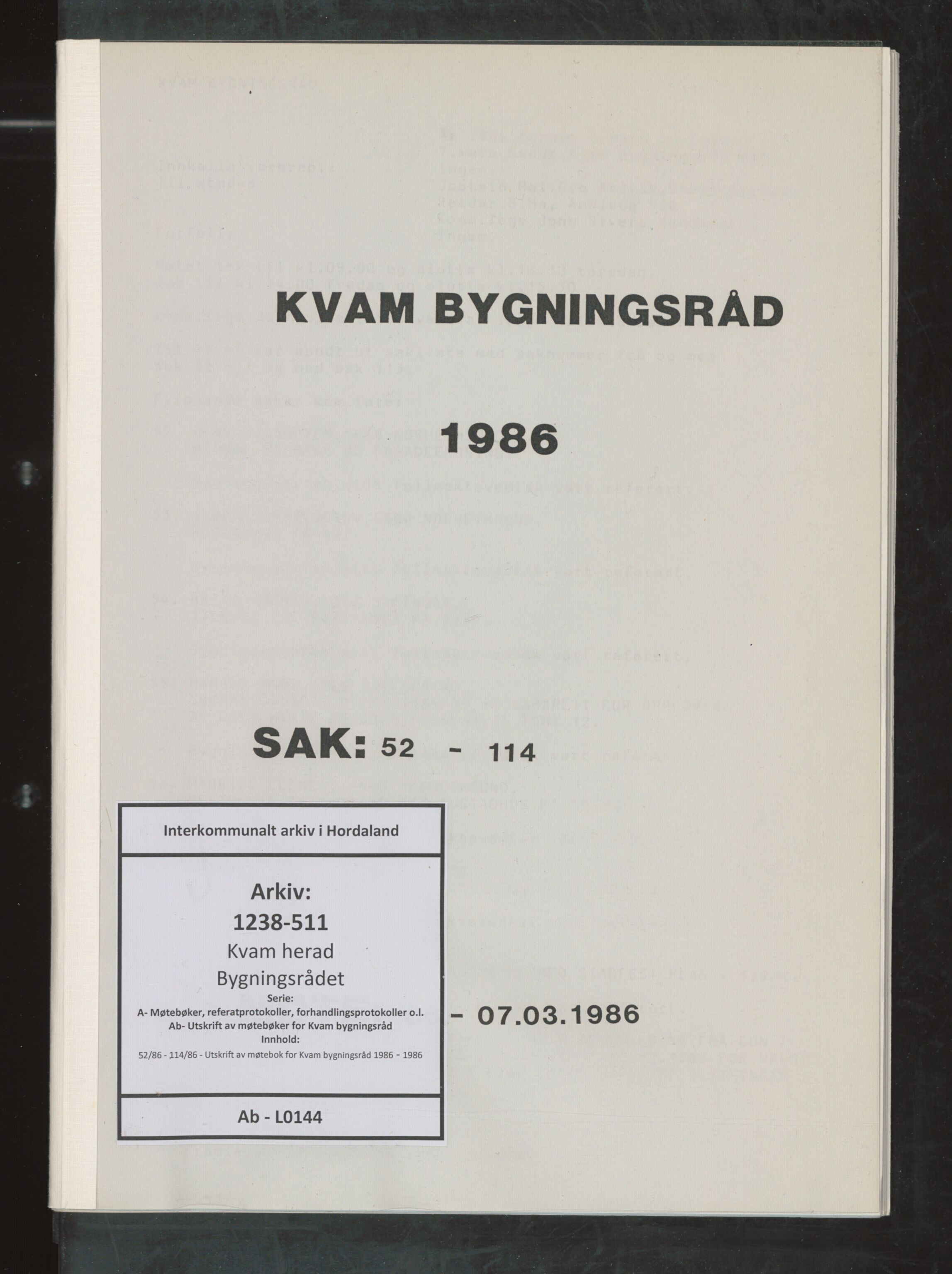 Kvam herad. Bygningsrådet, IKAH/1238-511/A/Ab/L0144: Utskrift av møtebok for Kvam bygningsråd, 1986