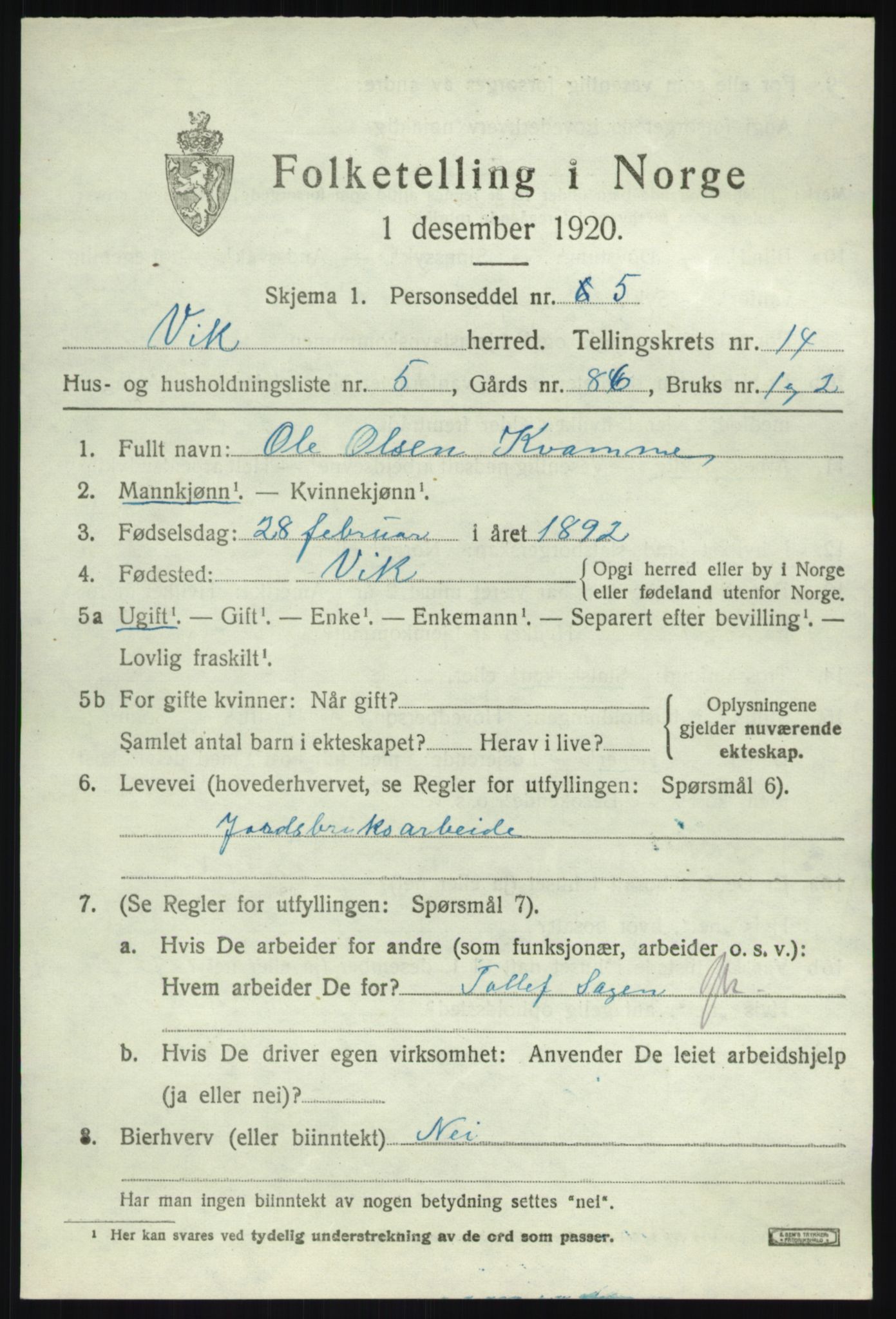 SAB, Folketelling 1920 for 1417 Vik herred, 1920, s. 7375