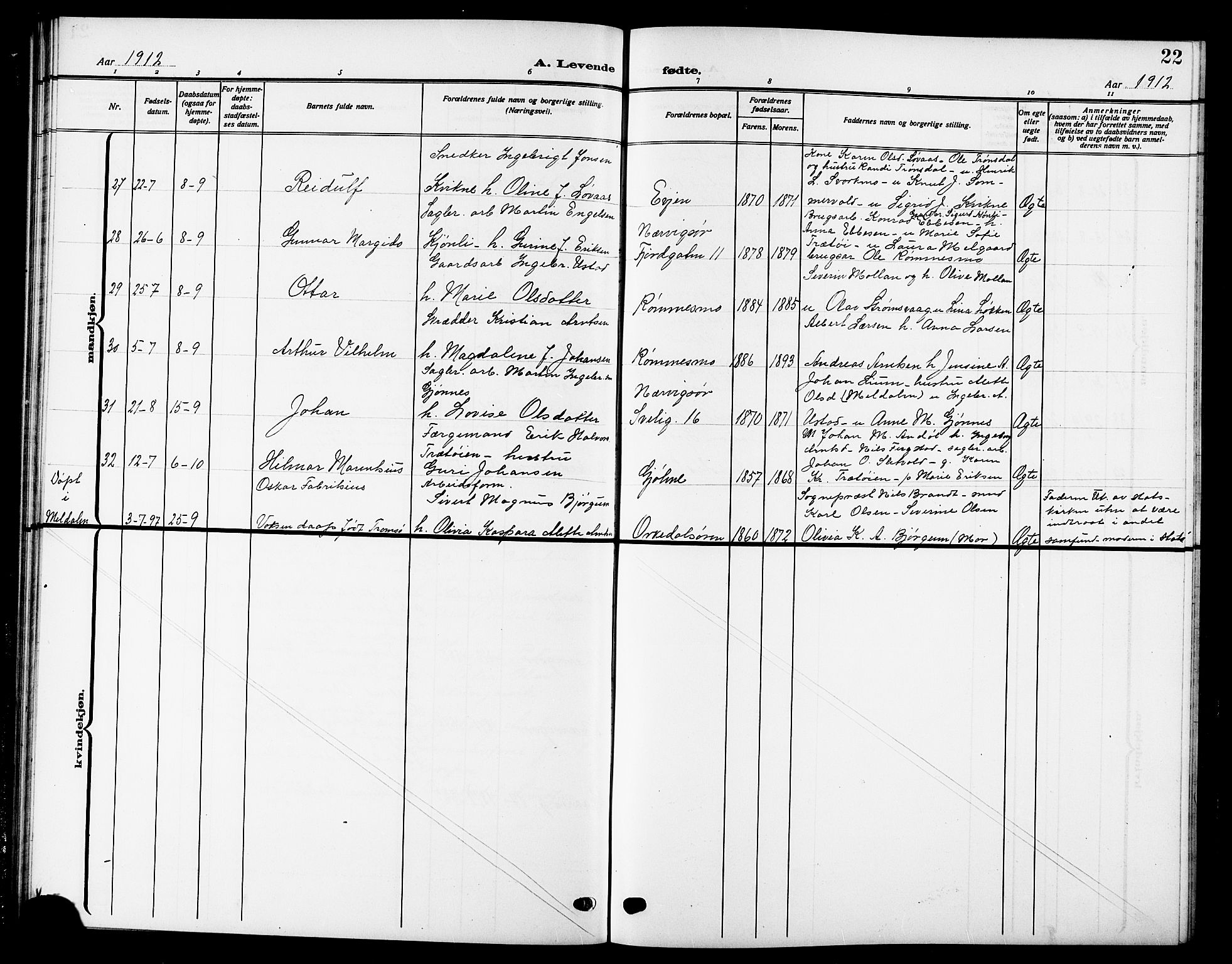 Ministerialprotokoller, klokkerbøker og fødselsregistre - Sør-Trøndelag, AV/SAT-A-1456/669/L0831: Klokkerbok nr. 669C01, 1909-1924, s. 22