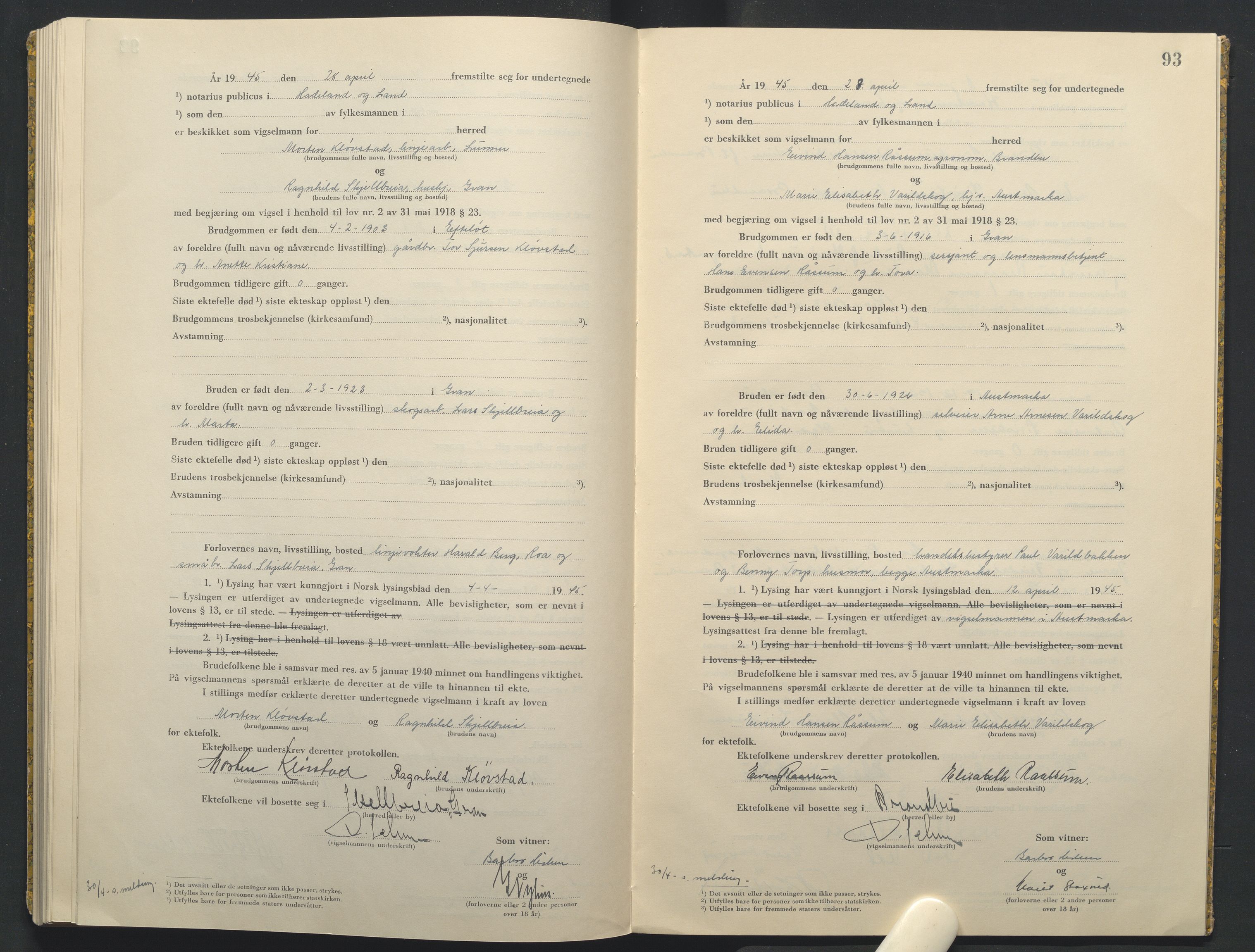 Hadeland og Land tingrett, AV/SAH-TING-010/L/Lb/L0003: Vigselbok, 1944-1946, s. 93