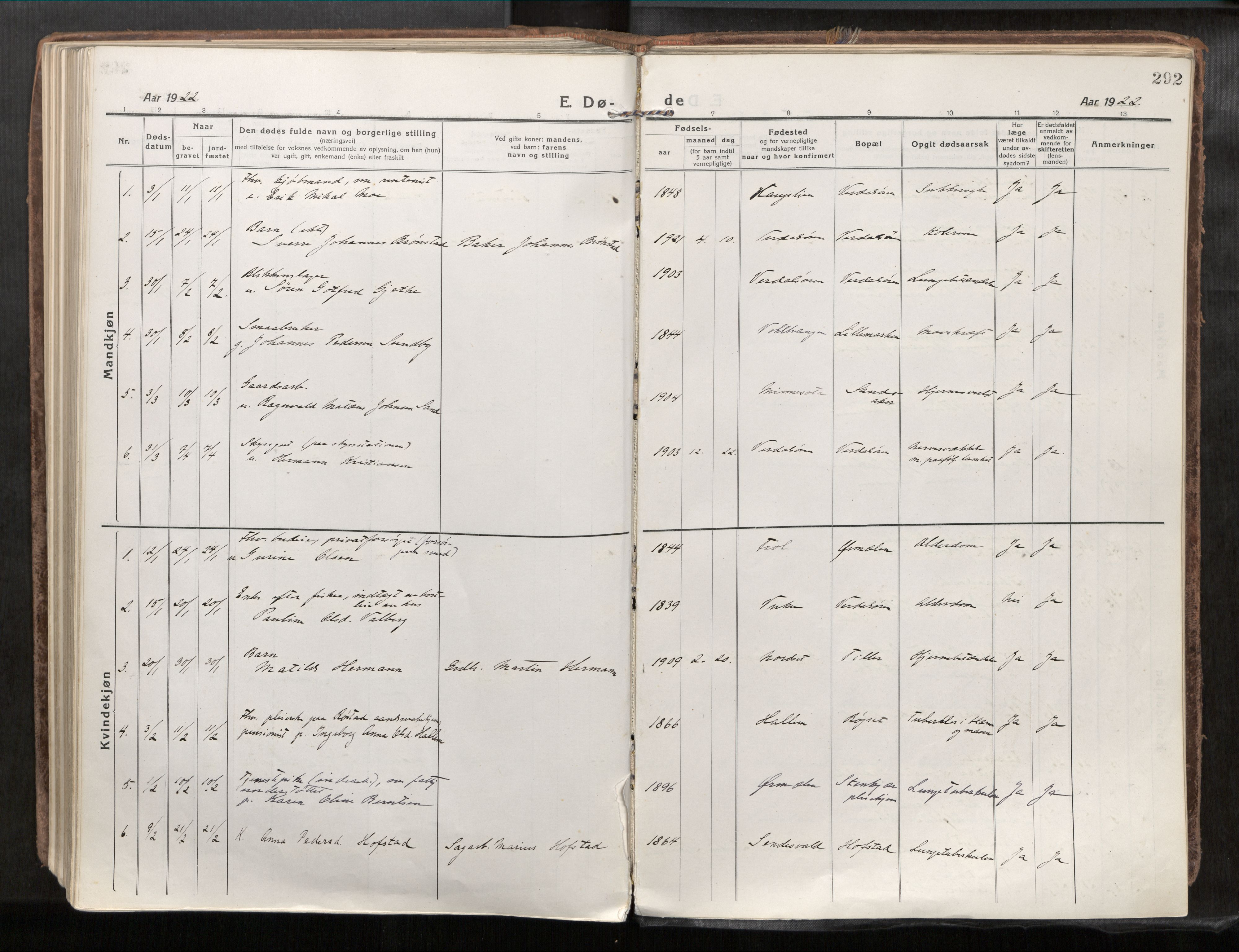 Verdal sokneprestkontor, AV/SAT-A-1156/2/H/Haa/L0001: Ministerialbok nr. 1, 1917-1932, s. 292