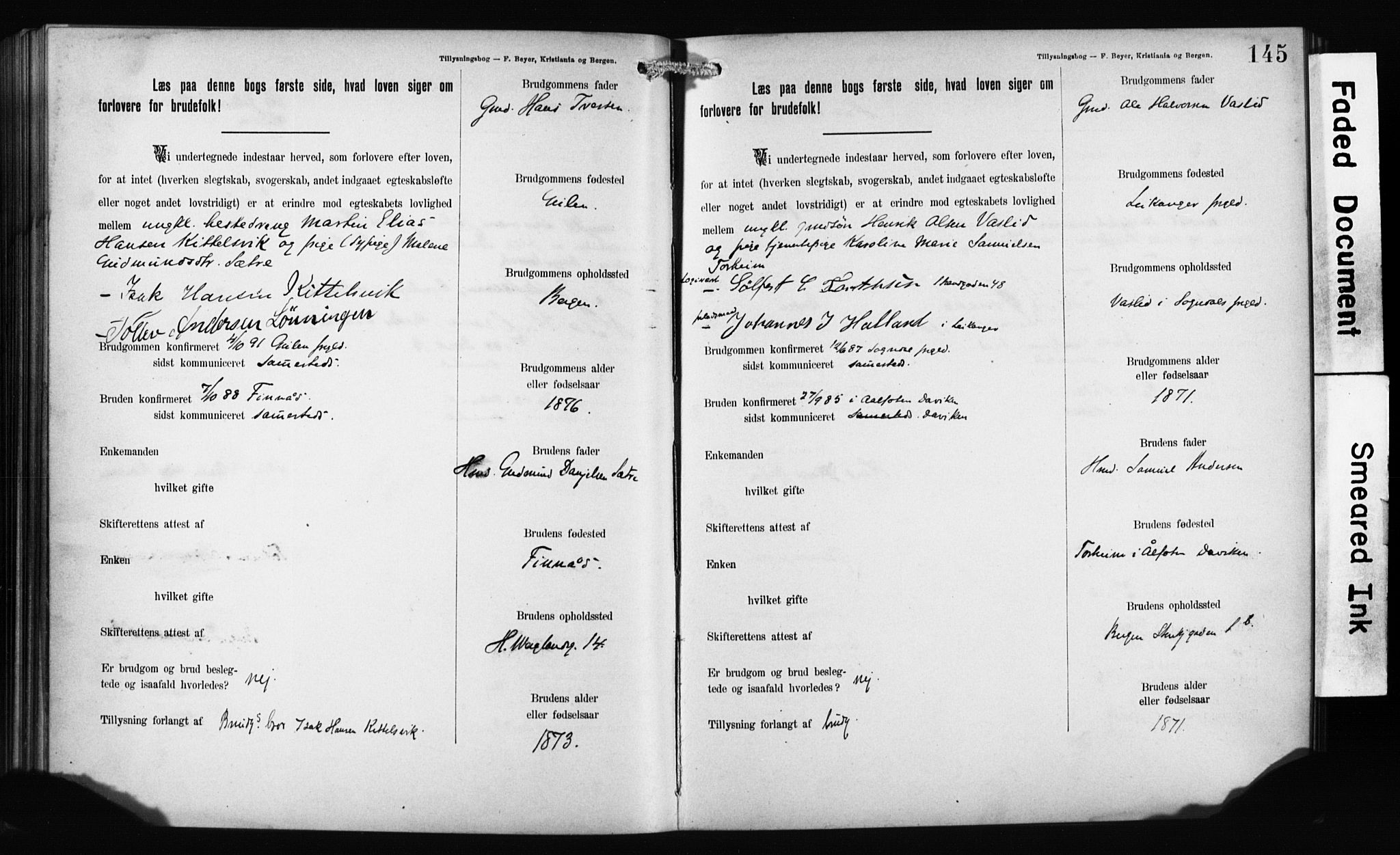 Mariakirken Sokneprestembete, SAB/A-76901: Forlovererklæringer nr. II.5.1, 1891-1901, s. 145