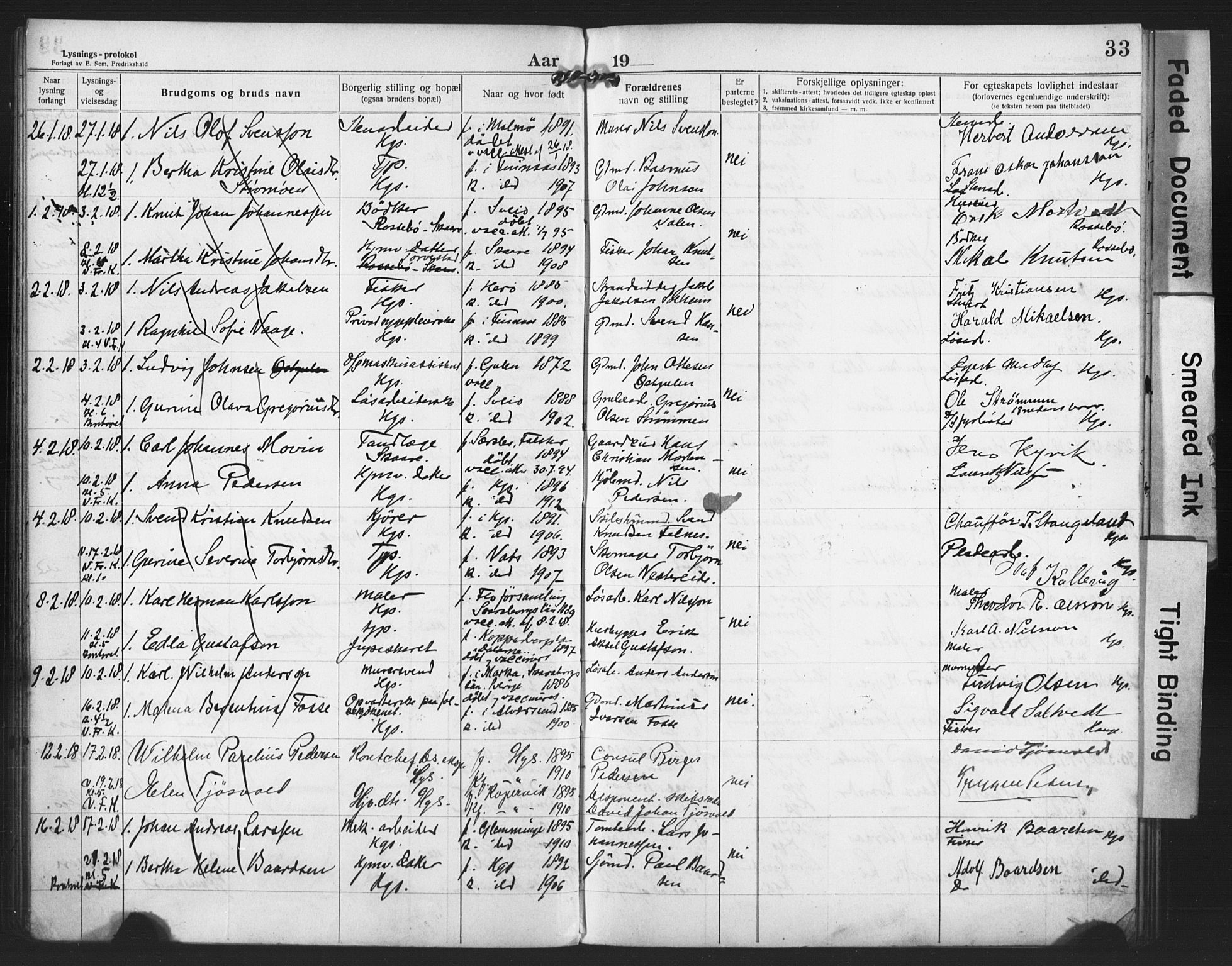 Haugesund sokneprestkontor, AV/SAST-A -101863/I/Ie/L0003: Lysningsprotokoll nr. VIII 3, 1916-1921, s. 33