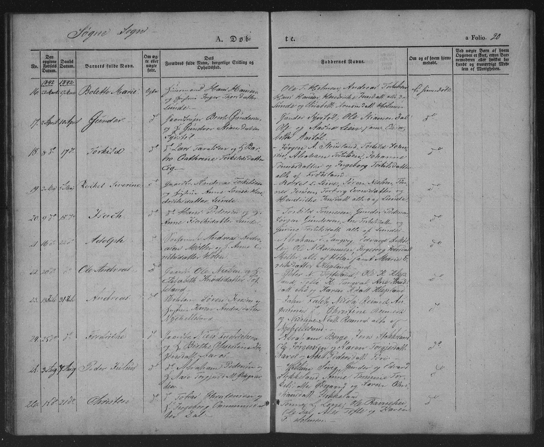 Søgne sokneprestkontor, AV/SAK-1111-0037/F/Fa/Fab/L0009: Ministerialbok nr. A 9, 1838-1853, s. 20