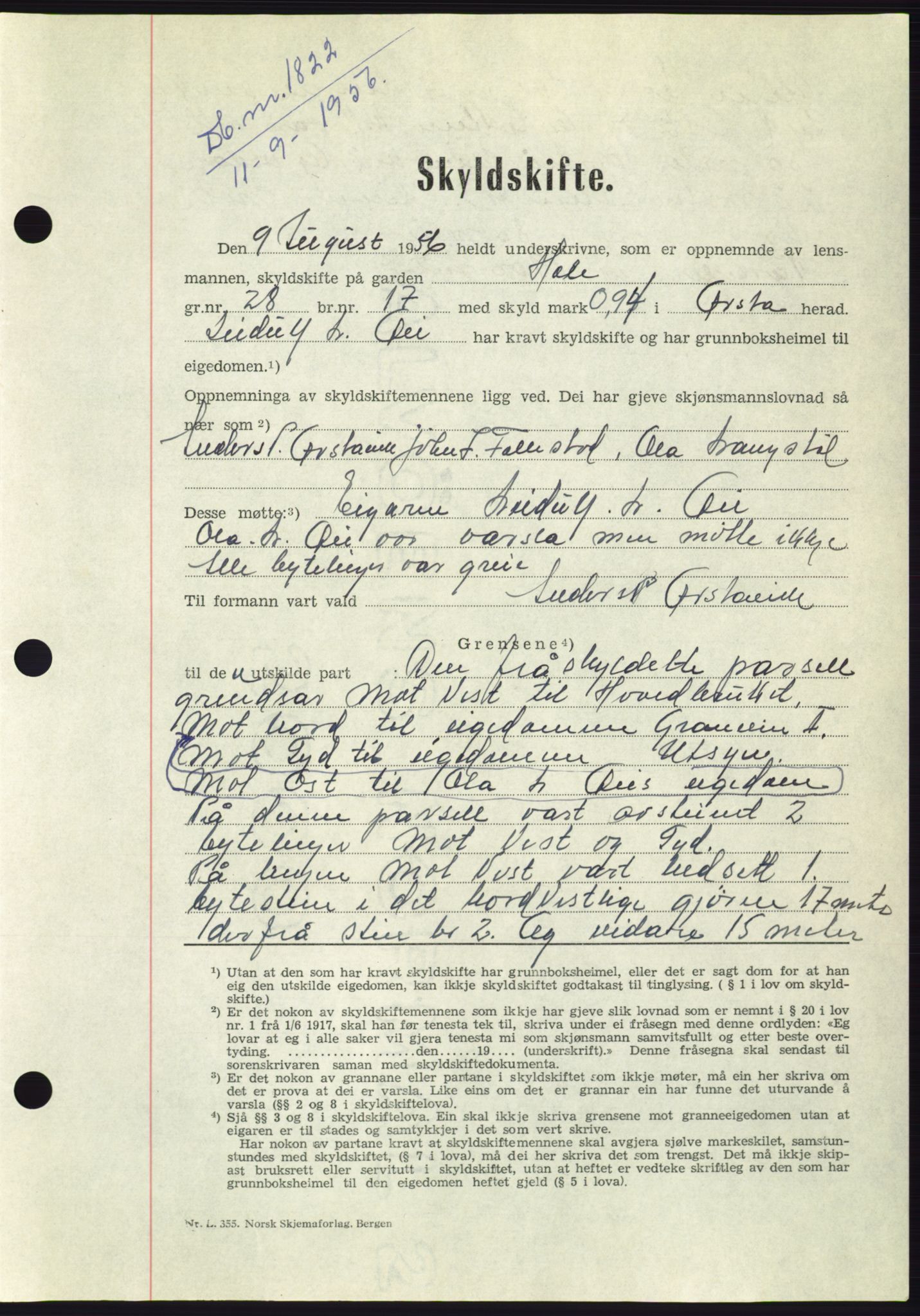 Søre Sunnmøre sorenskriveri, AV/SAT-A-4122/1/2/2C/L0104: Pantebok nr. 30A, 1956-1956, Dagboknr: 1822/1956