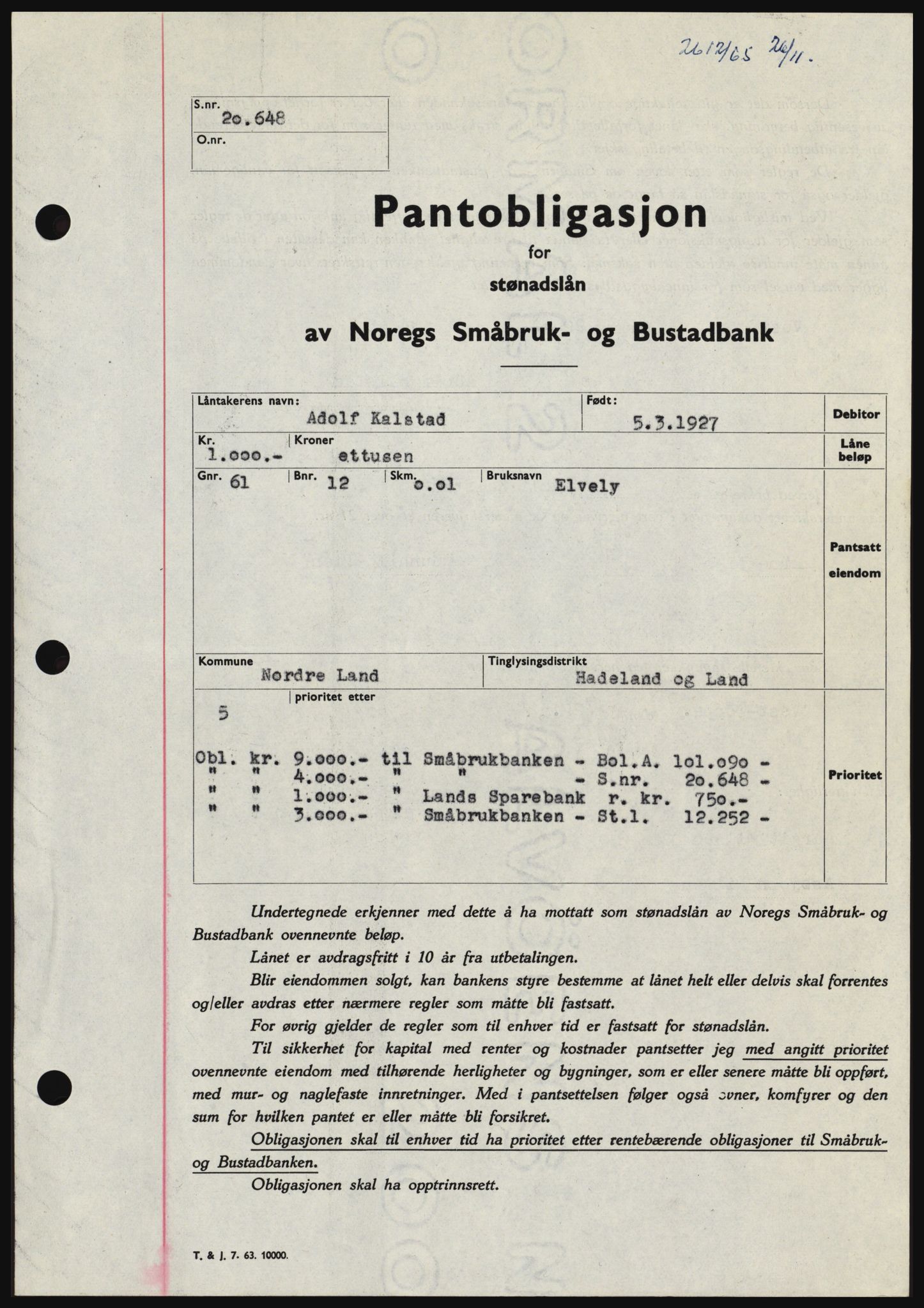 Hadeland og Land tingrett, SAH/TING-010/H/Hb/Hbc/L0059: Pantebok nr. B59, 1965-1965, Dagboknr: 2612/1965