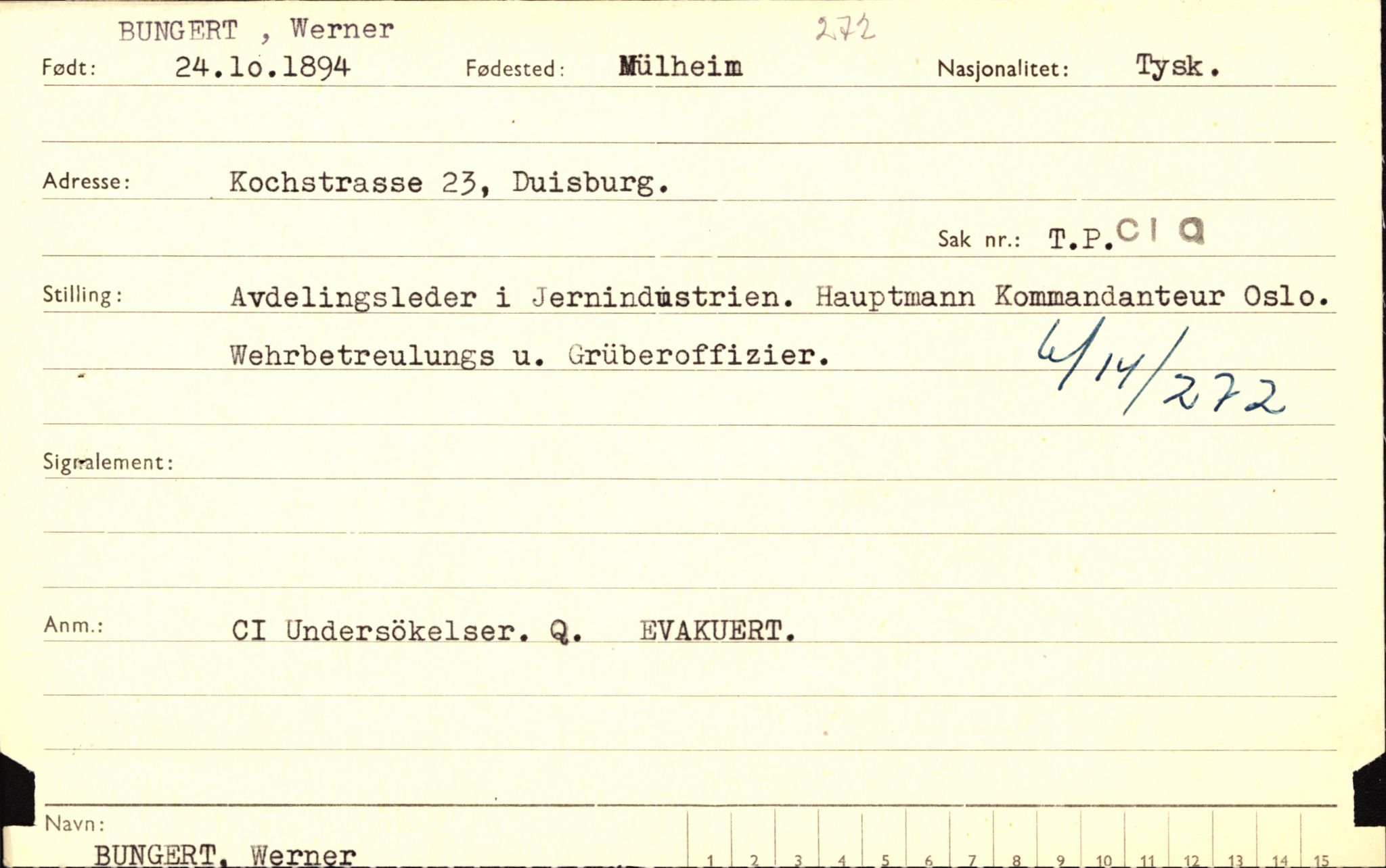 Forsvaret, Forsvarets overkommando II, AV/RA-RAFA-3915/D/Db/L0004: CI Questionaires. Tyske okkupasjonsstyrker i Norge. Tyskere., 1945-1946, s. 483