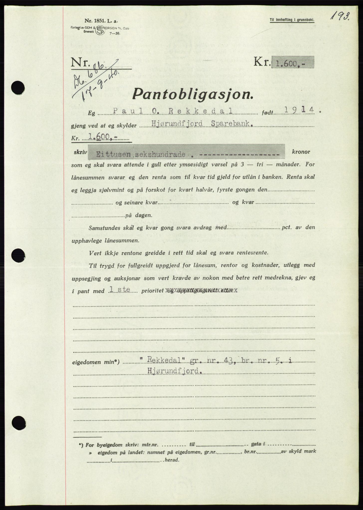 Søre Sunnmøre sorenskriveri, AV/SAT-A-4122/1/2/2C/L0070: Pantebok nr. 64, 1940-1941, Dagboknr: 686/1940