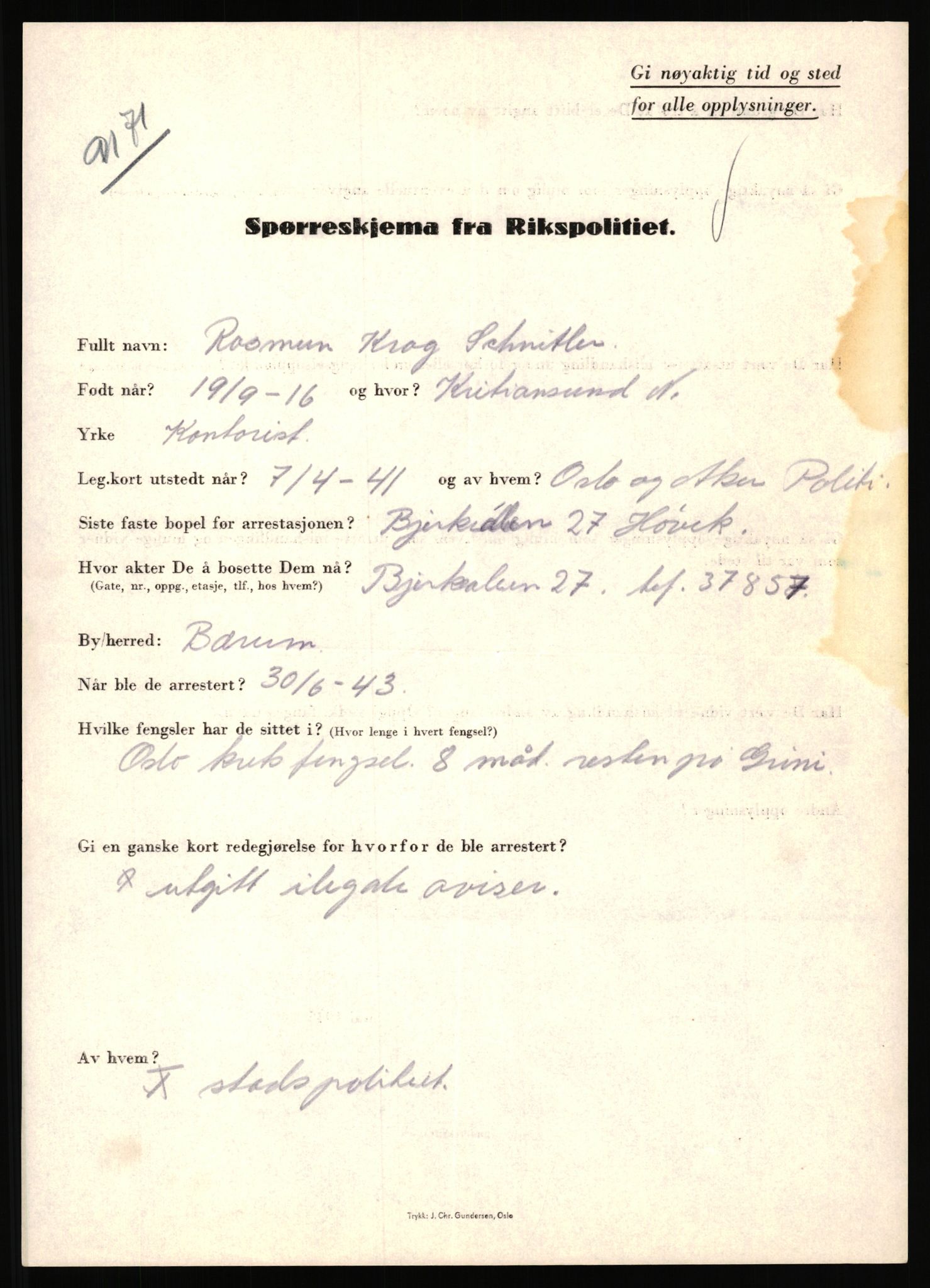 Rikspolitisjefen, AV/RA-S-1560/L/L0015: Scharff, Carlo Max - Stephensen, Gudrun, 1940-1945, s. 23