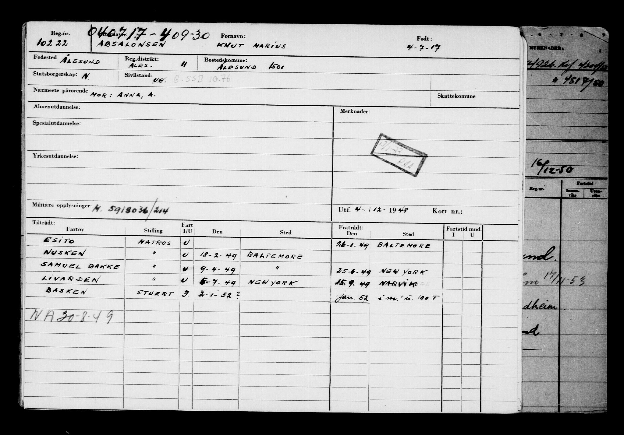 Direktoratet for sjømenn, RA/S-3545/G/Gb/L0150: Hovedkort, 1917, s. 67