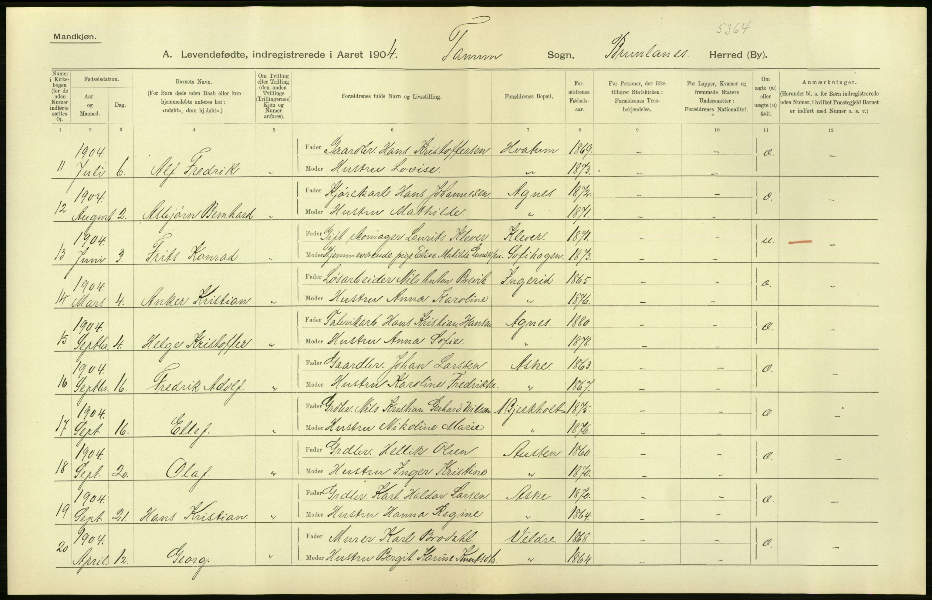 Statistisk sentralbyrå, Sosiodemografiske emner, Befolkning, AV/RA-S-2228/D/Df/Dfa/Dfab/L0008: Jarlsberg og Larvig amt: Fødte, gifte, døde, 1904, s. 28