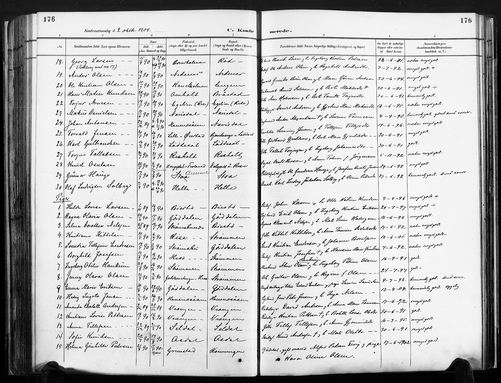 Øyestad sokneprestkontor, AV/SAK-1111-0049/F/Fa/L0018: Ministerialbok nr. A 18, 1897-1907, s. 176