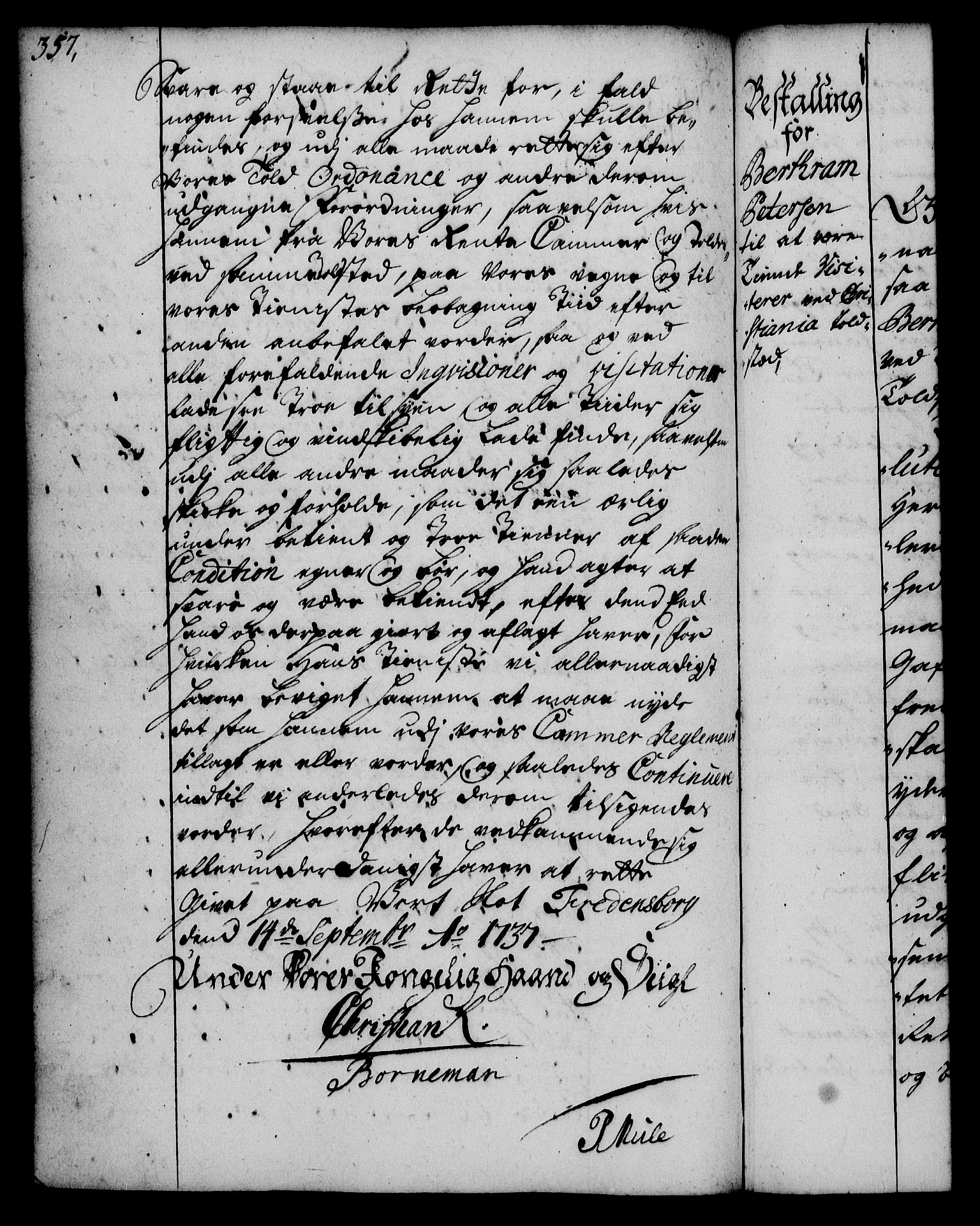 Rentekammeret, Kammerkanselliet, RA/EA-3111/G/Gg/Gge/L0002: Norsk bestallingsprotokoll med register (merket RK 53.26), 1730-1744, s. 357