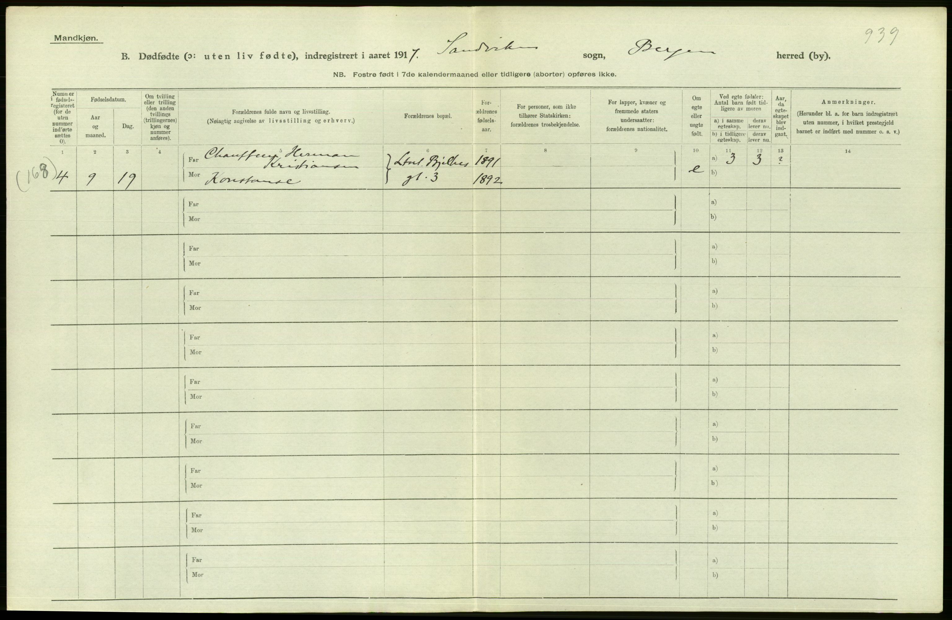 Statistisk sentralbyrå, Sosiodemografiske emner, Befolkning, AV/RA-S-2228/D/Df/Dfb/Dfbg/L0038: Bergen: Gifte, døde, dødfødte., 1917, s. 320