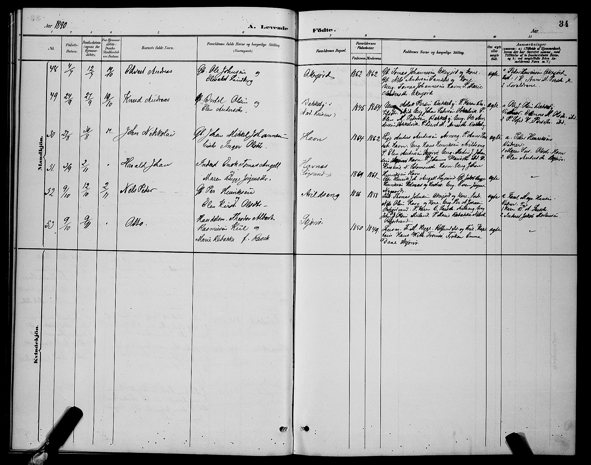 Skjervøy sokneprestkontor, AV/SATØ-S-1300/H/Ha/Hab/L0007klokker: Klokkerbok nr. 7, 1889-1899, s. 34