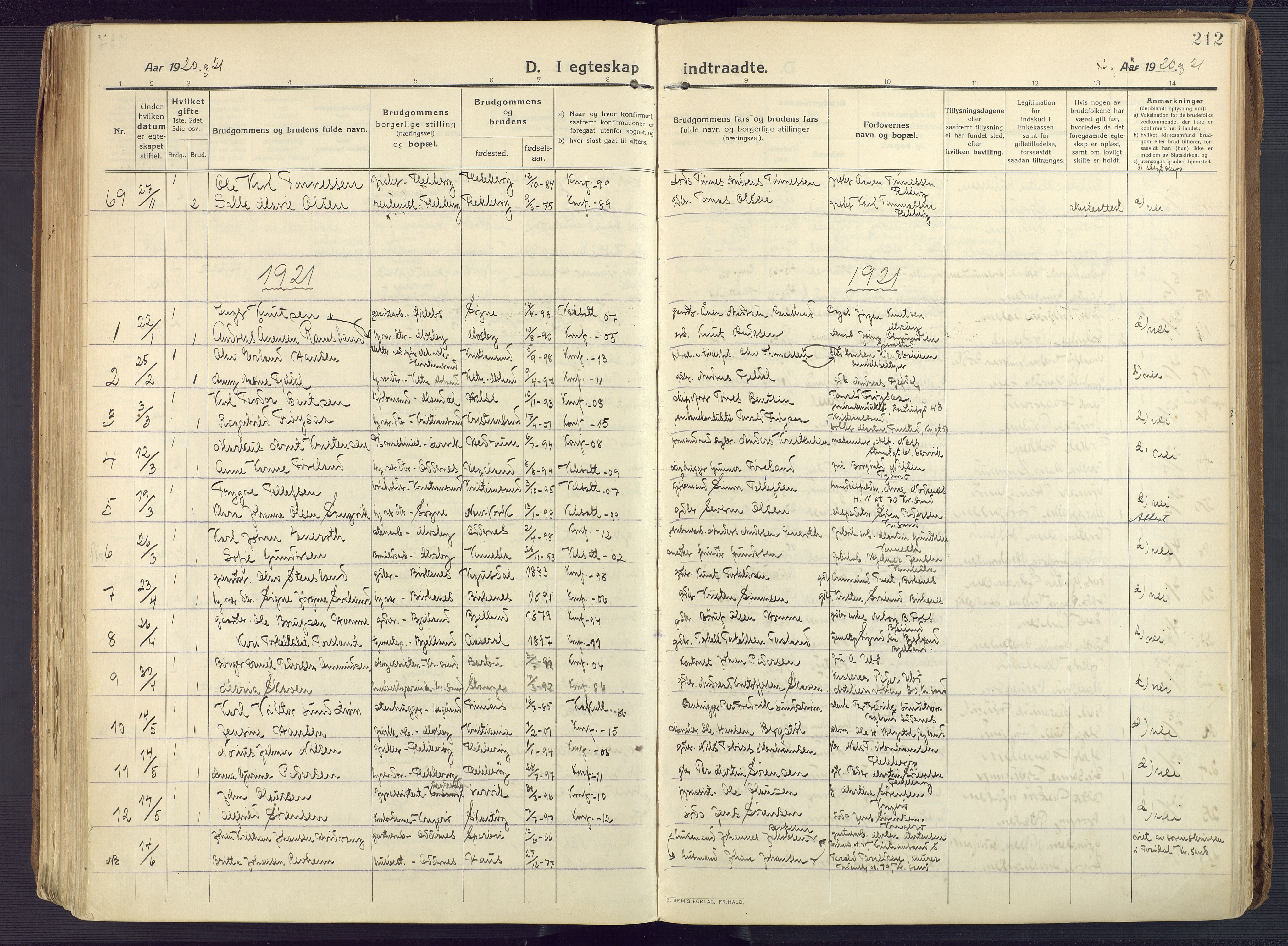 Oddernes sokneprestkontor, SAK/1111-0033/F/Fa/Faa/L0012: Ministerialbok nr. A 12, 1912-1925, s. 212