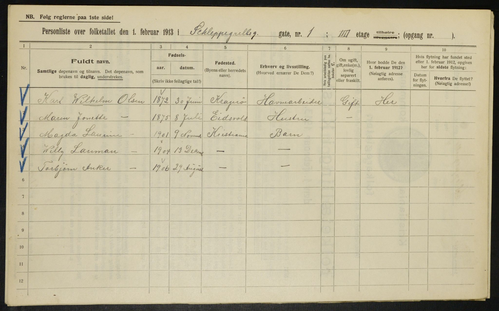 OBA, Kommunal folketelling 1.2.1913 for Kristiania, 1913, s. 89583