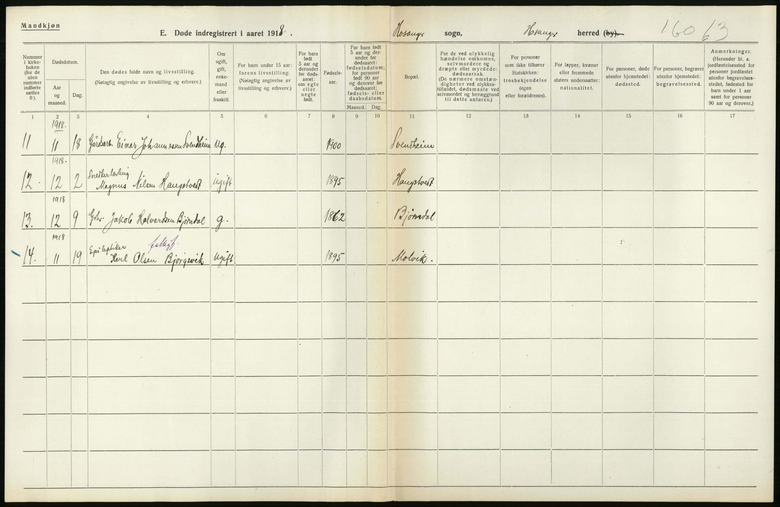 Statistisk sentralbyrå, Sosiodemografiske emner, Befolkning, RA/S-2228/D/Df/Dfb/Dfbh/L0036: Hordaland fylke: Døde., 1918, s. 224