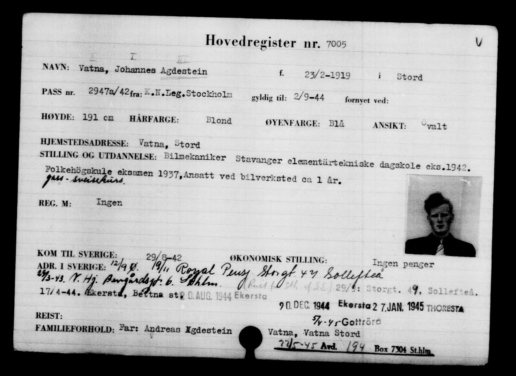 Utenriksstasjonene, Legasjonen i Stockholm, Flyktningkontoret, AV/RA-S-6753/V/Va/L0005: Kjesäterkartoteket, flyktning nr. 6600-9417, 1940-1945, s. 487