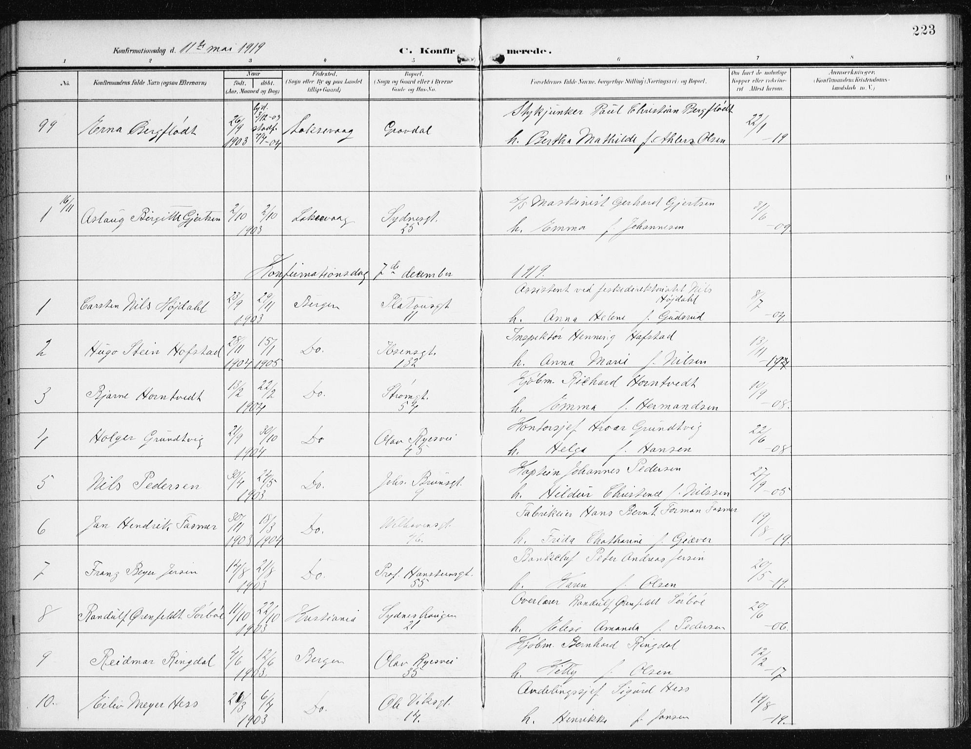 Johanneskirken sokneprestembete, AV/SAB-A-76001/H/Haa/L0009: Ministerialbok nr. C 2, 1907-1924, s. 223