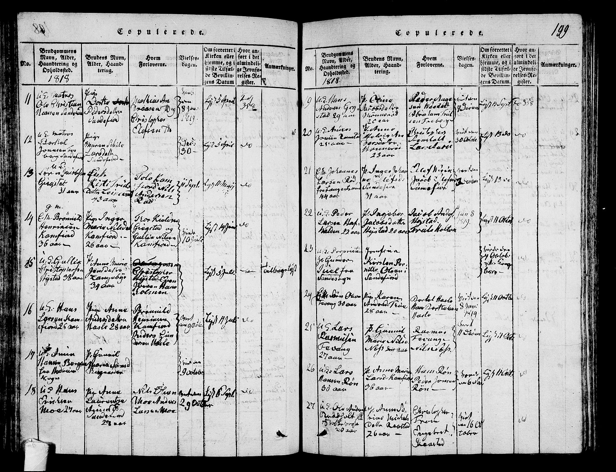 Sandar kirkebøker, AV/SAKO-A-243/G/Ga/L0001: Klokkerbok nr. 1, 1814-1835, s. 199