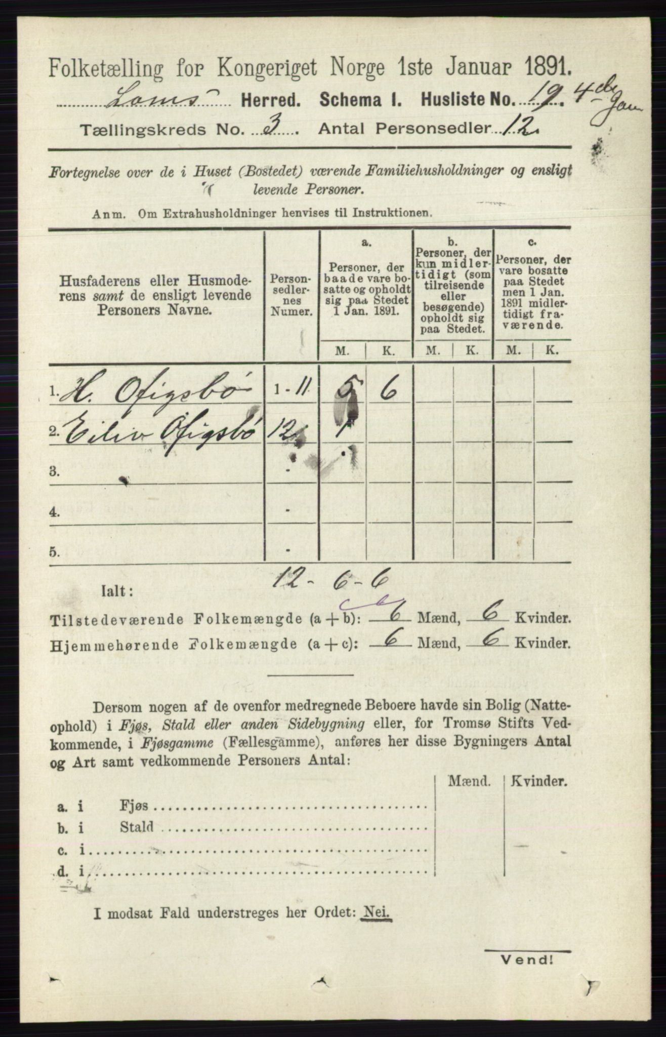 RA, Folketelling 1891 for 0514 Lom herred, 1891, s. 1243