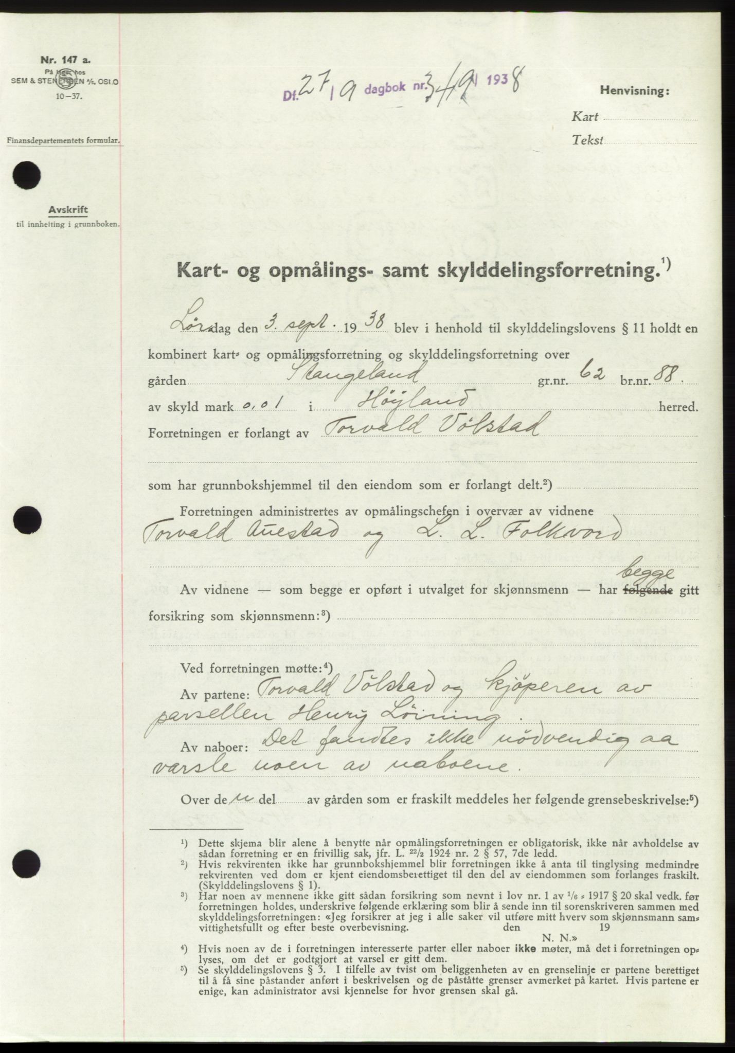 Jæren sorenskriveri, SAST/A-100310/03/G/Gba/L0072: Pantebok, 1938-1938, Dagboknr: 3419/1938