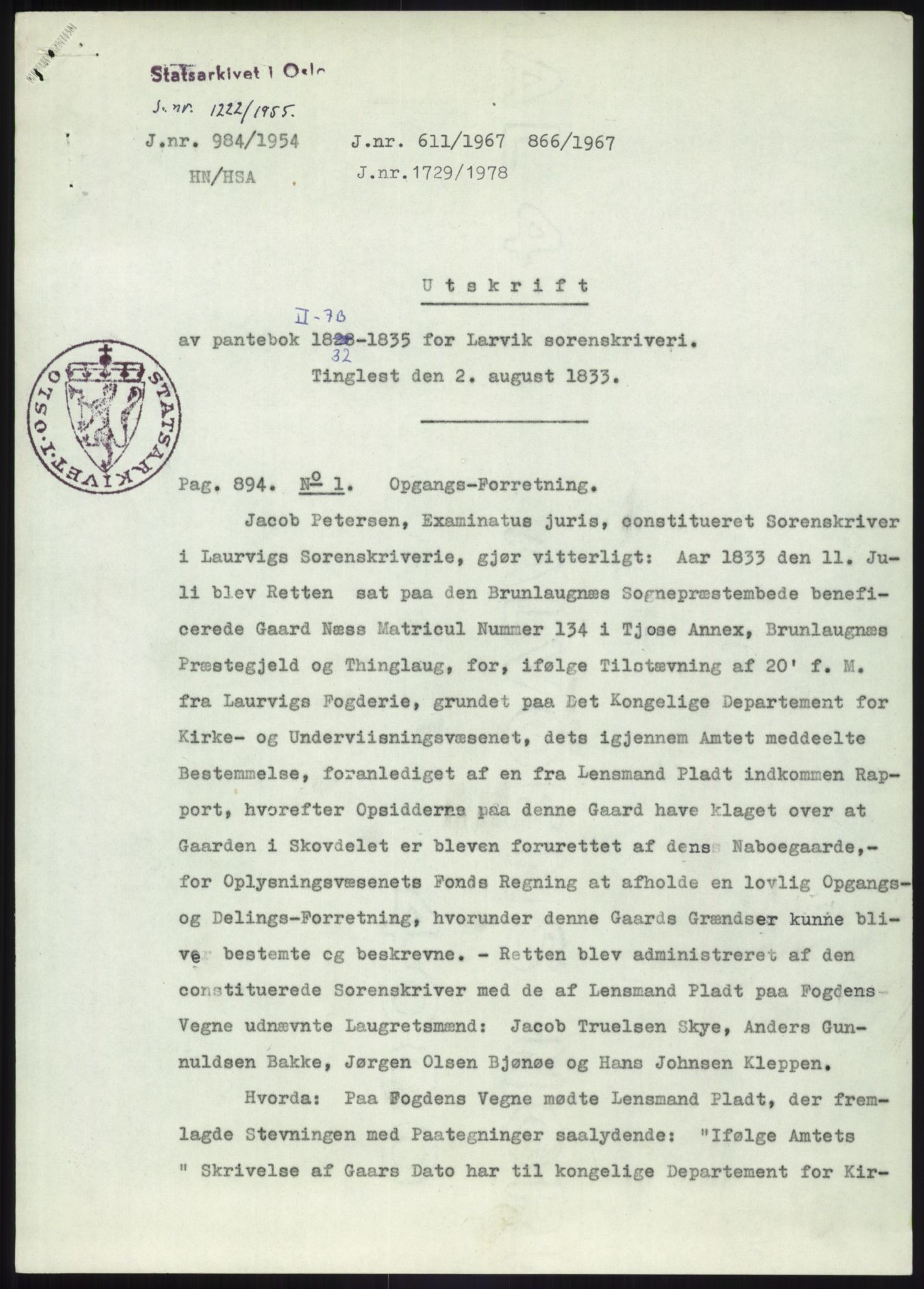 Statsarkivet i Kongsberg, AV/SAKO-A-0001/E/Ee/L0002: Avskrifter, SAO jnr. 961/1954 - 149/1955, 1954-1955, s. 27