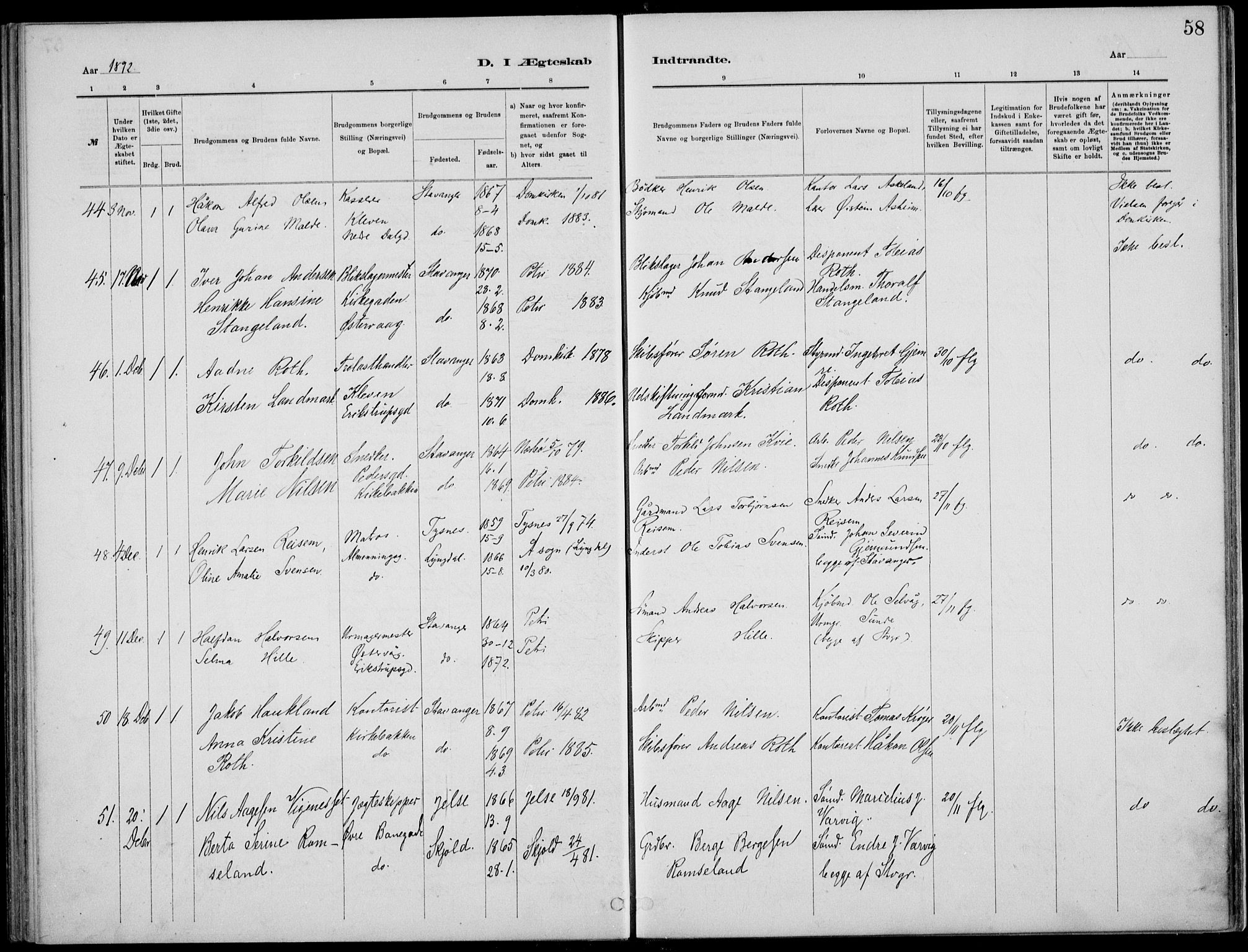 St. Petri sokneprestkontor, AV/SAST-A-101813/001/30/30BB/L0005: Klokkerbok nr. B 5, 1878-1895, s. 58