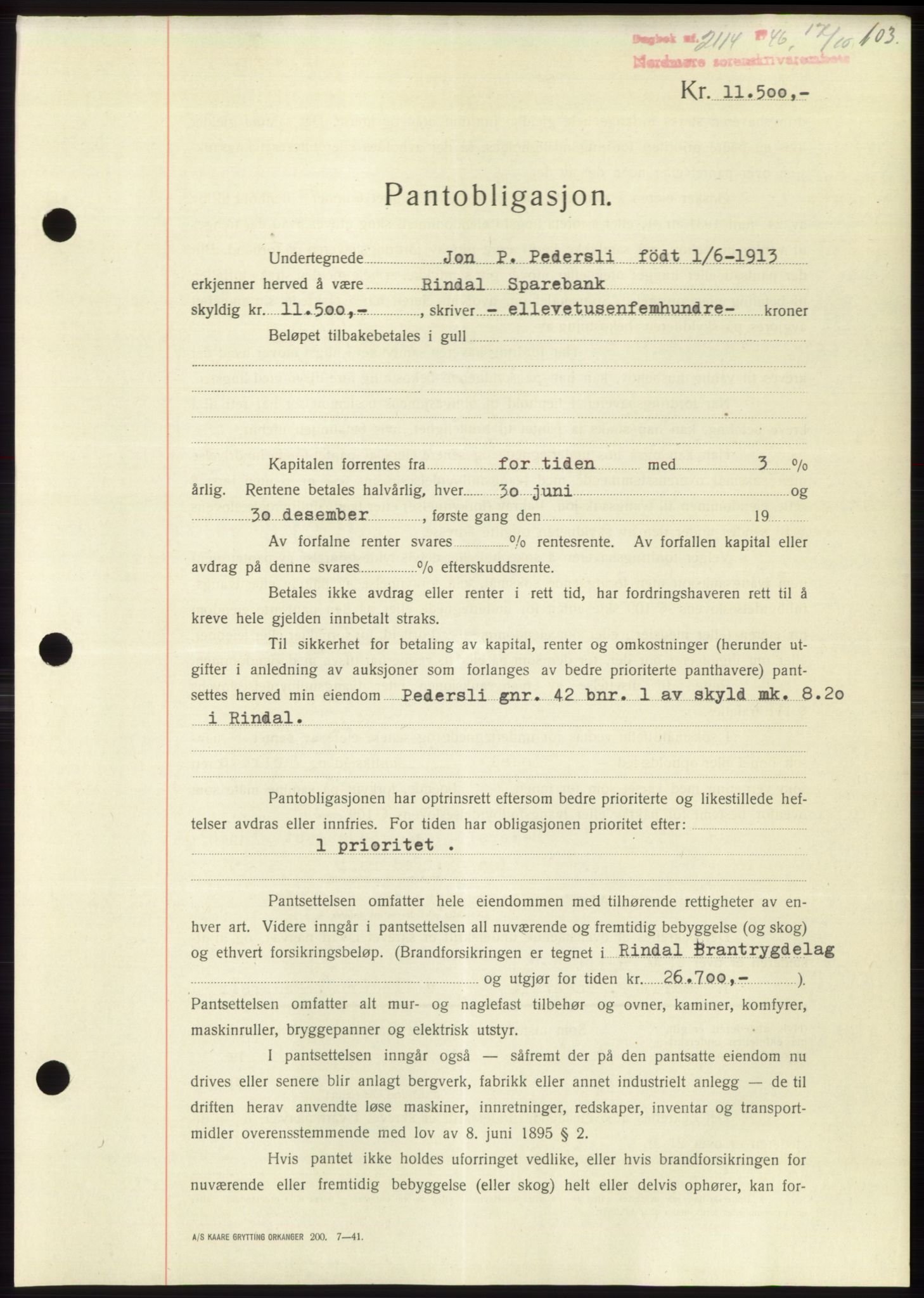 Nordmøre sorenskriveri, SAT/A-4132/1/2/2Ca: Pantebok nr. B95, 1946-1947, Dagboknr: 2114/1946