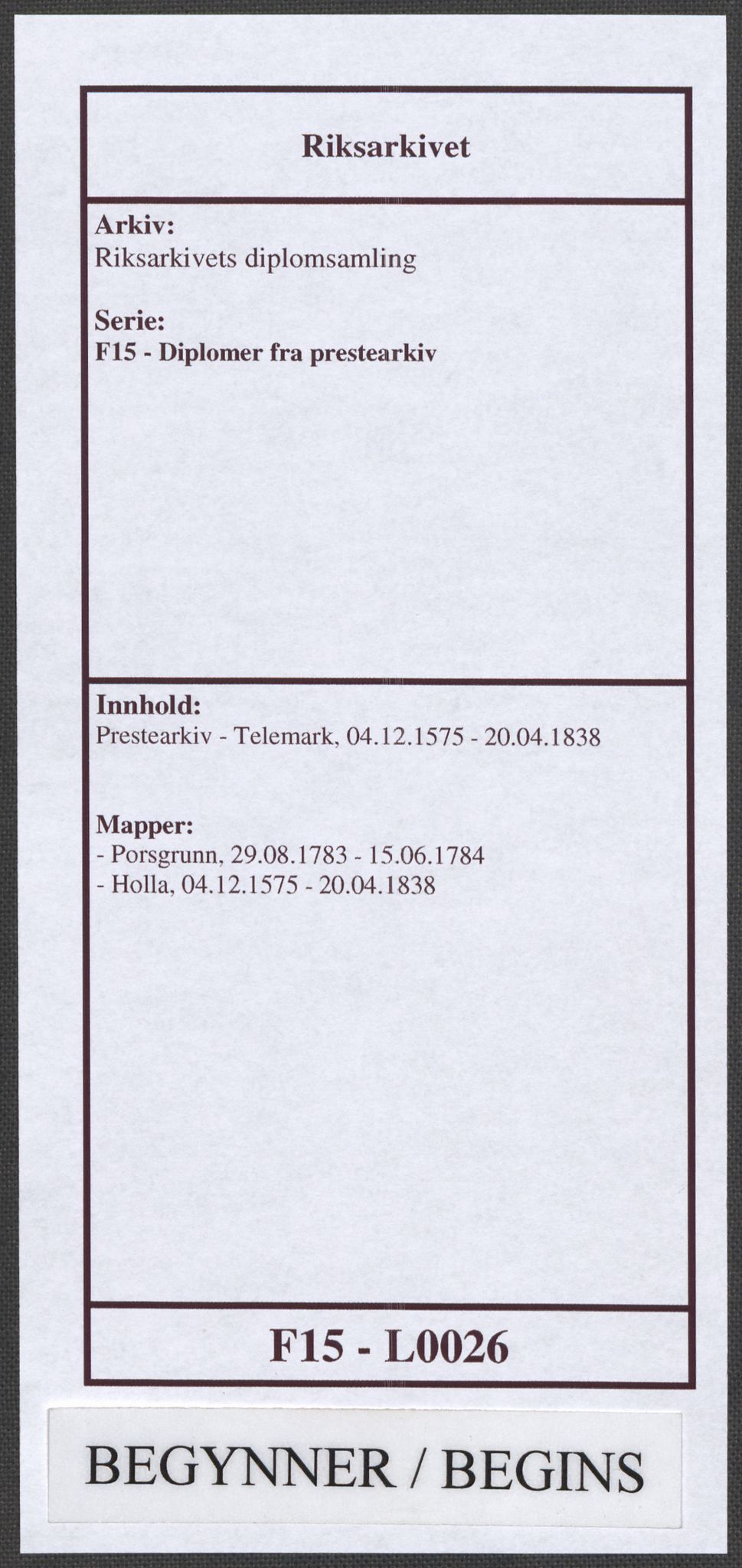 Riksarkivets diplomsamling, RA/EA-5965/F15/L0026: Prestearkiv - Telemark, 1575-1838, s. 1