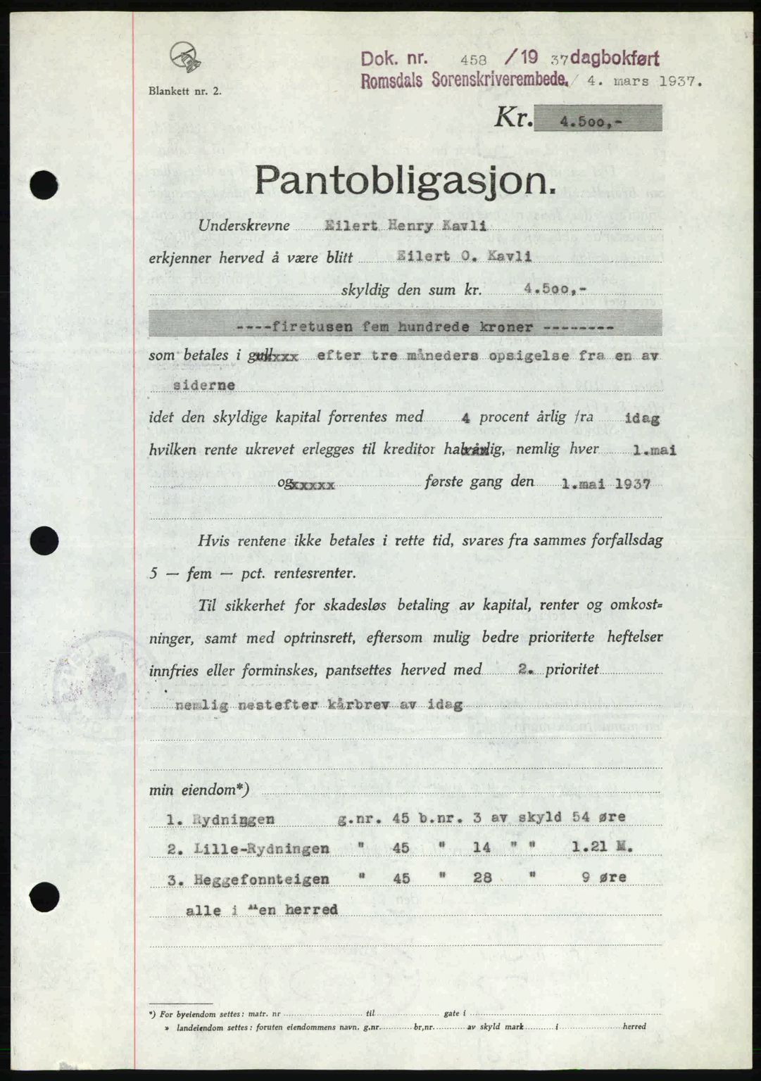 Romsdal sorenskriveri, SAT/A-4149/1/2/2C: Pantebok nr. B1, 1936-1939, Dagboknr: 458/1937