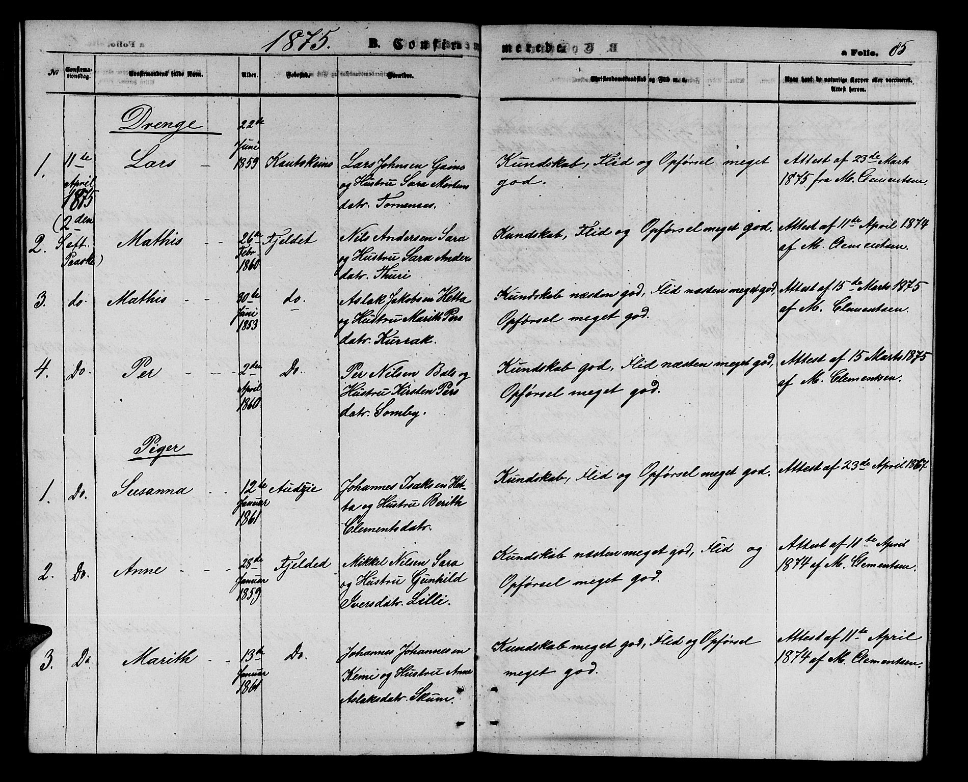Kautokeino sokneprestembete, AV/SATØ-S-1340/H/Hb/L0001.klokk: Klokkerbok nr. 1, 1862-1878, s. 85
