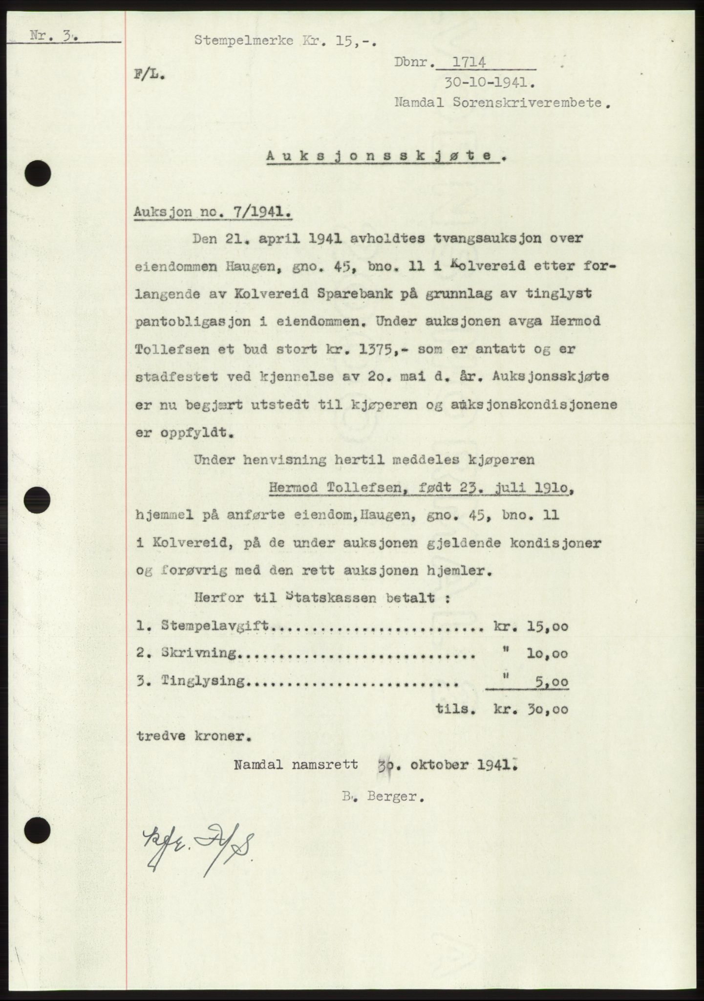 Namdal sorenskriveri, SAT/A-4133/1/2/2C: Pantebok nr. -, 1941-1942, Dagboknr: 1714/1941